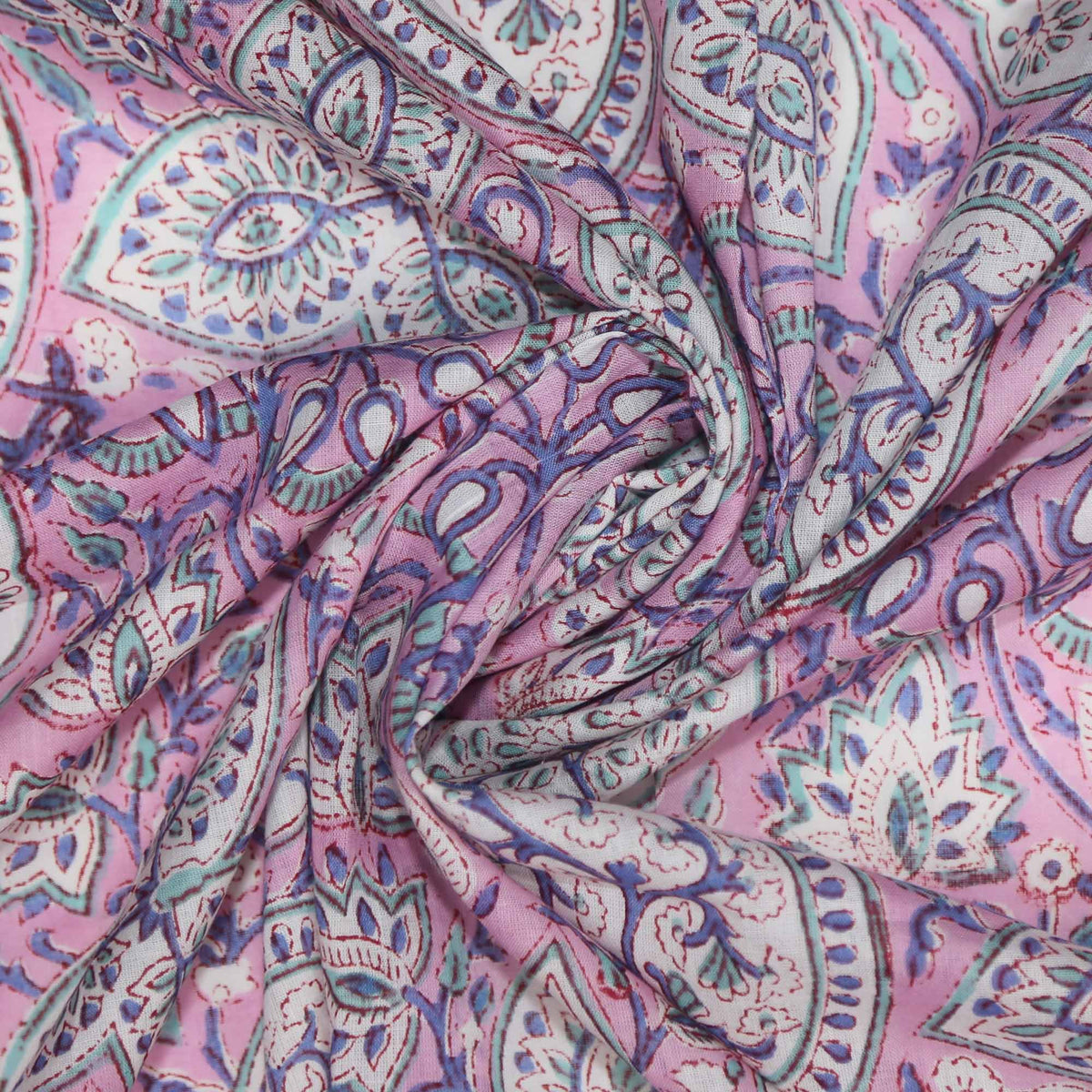 Block Print Fabric - Blue Floral Jaal On Pink( Design 474)
