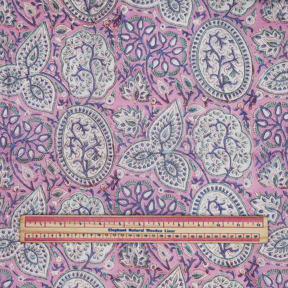 Block Print Fabric - Blue Floral Jaal On Pink( Design 474)