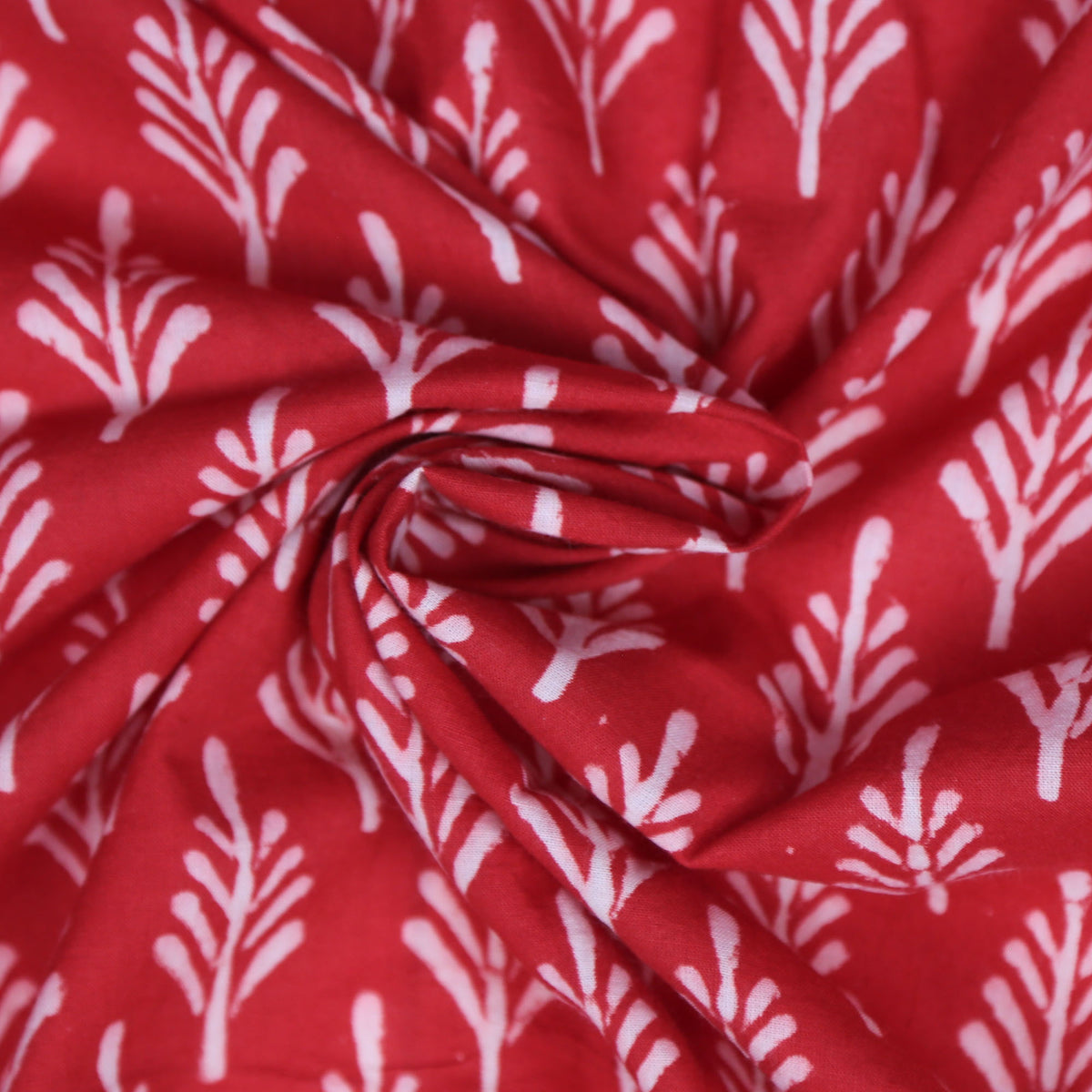 Bagru Block Print Fabric - White Plant On Orangish Red( Design 491)