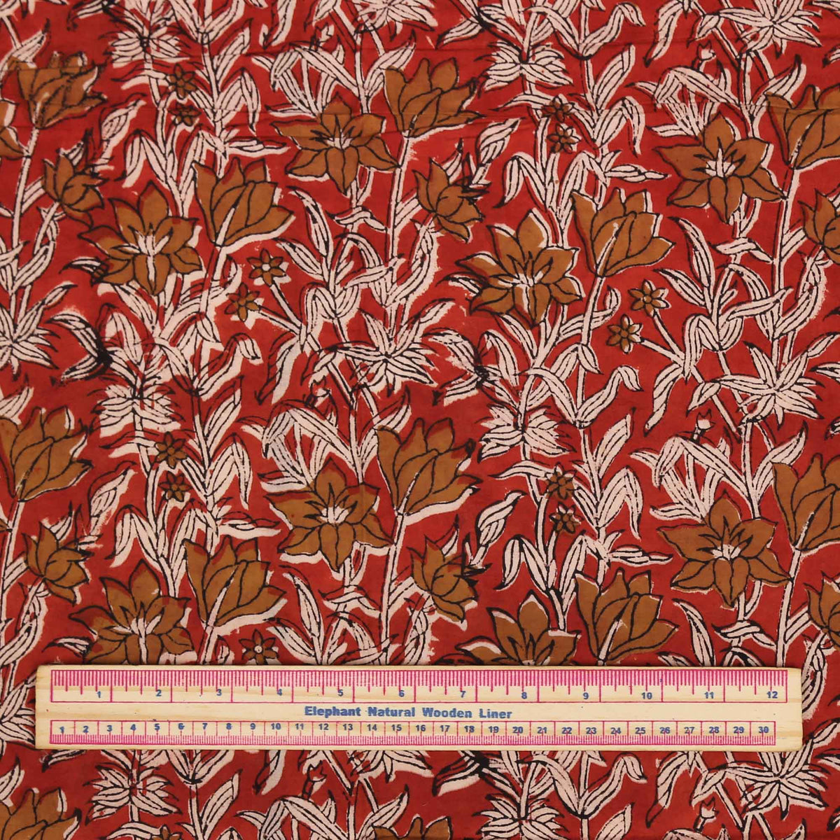 Block Print Fabric - Brown Flowers On Red( Design 495)