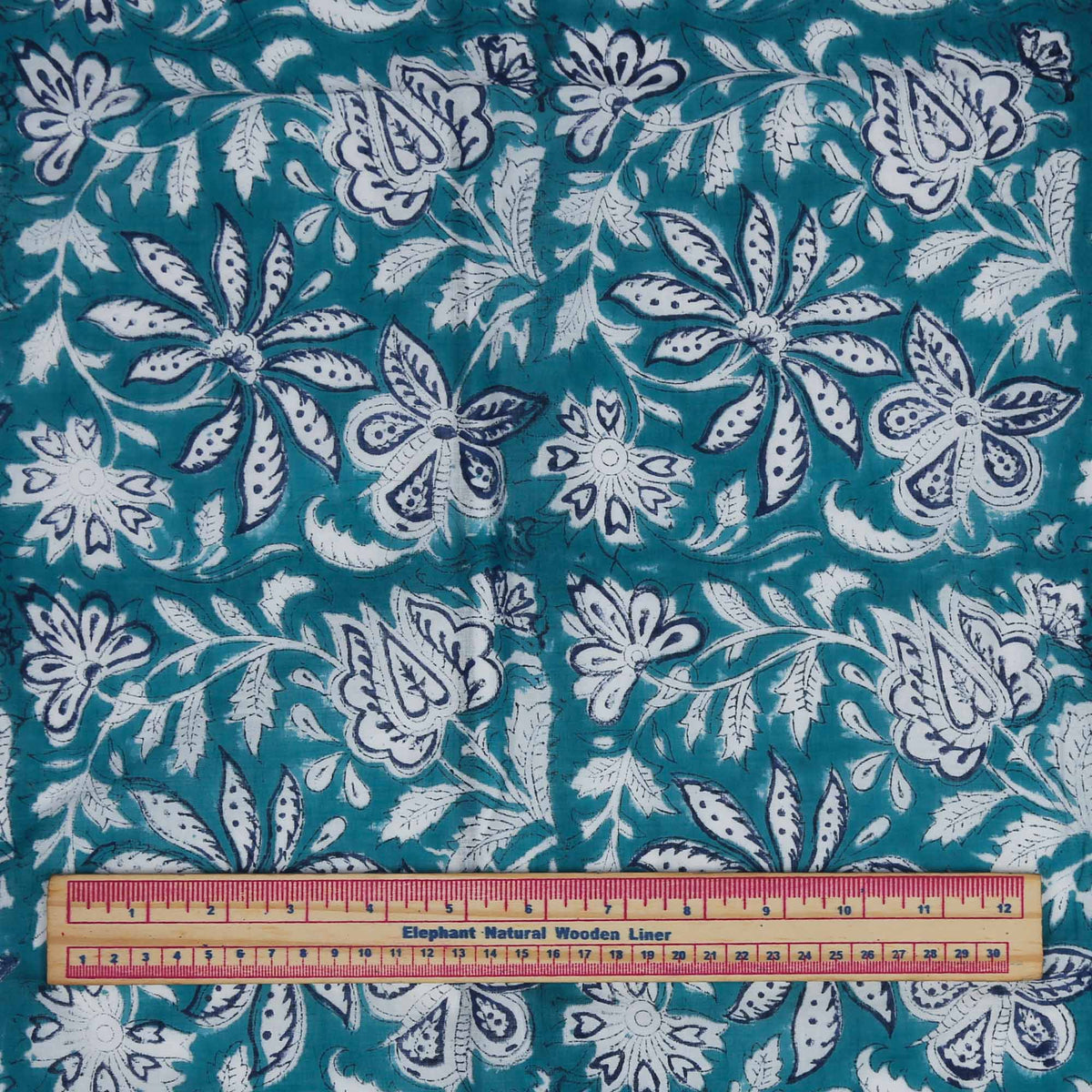 Block Print Fabric - Flowers On Teal( Design 500)
