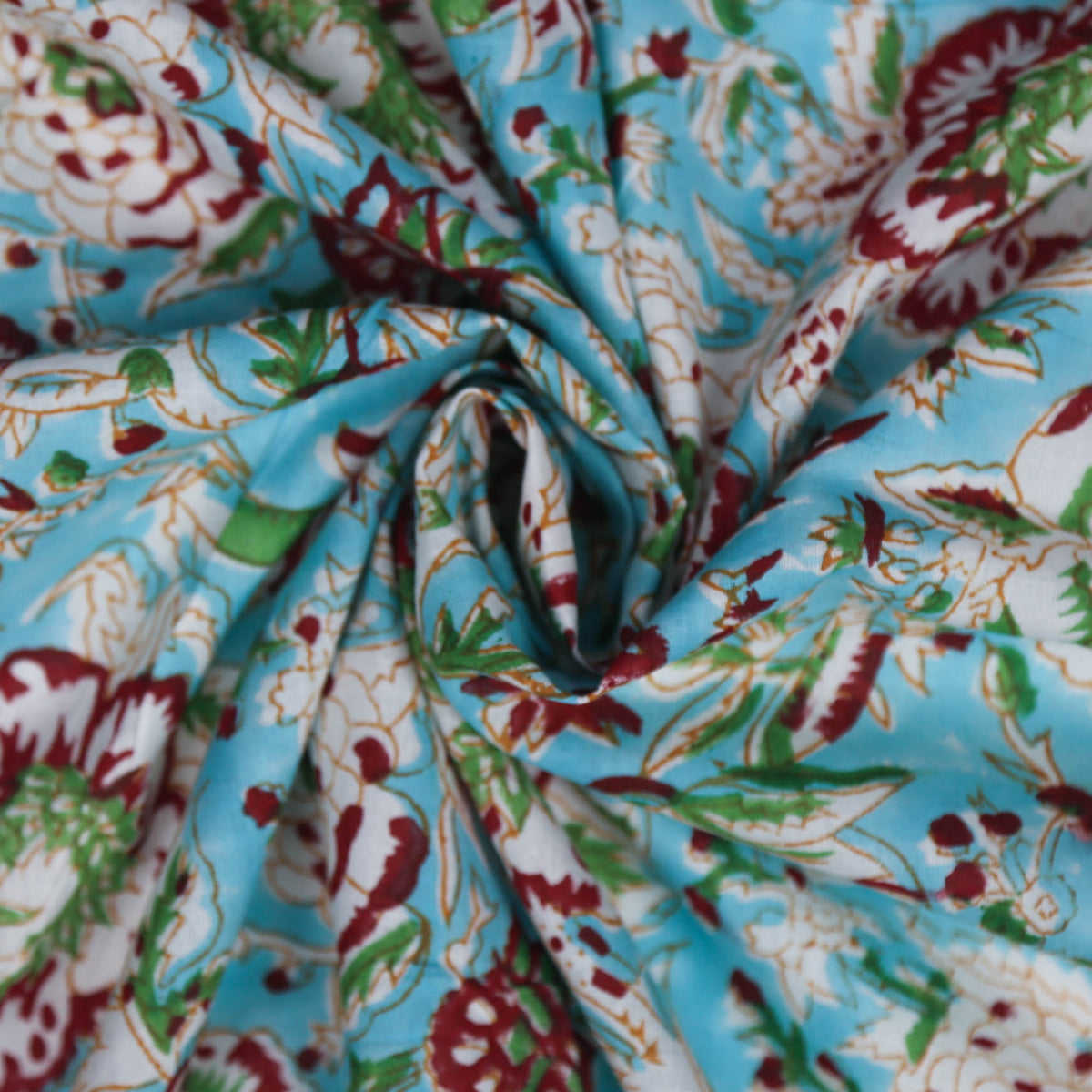 Block Print Fabric - Brown Floral On Blue( Design 507)