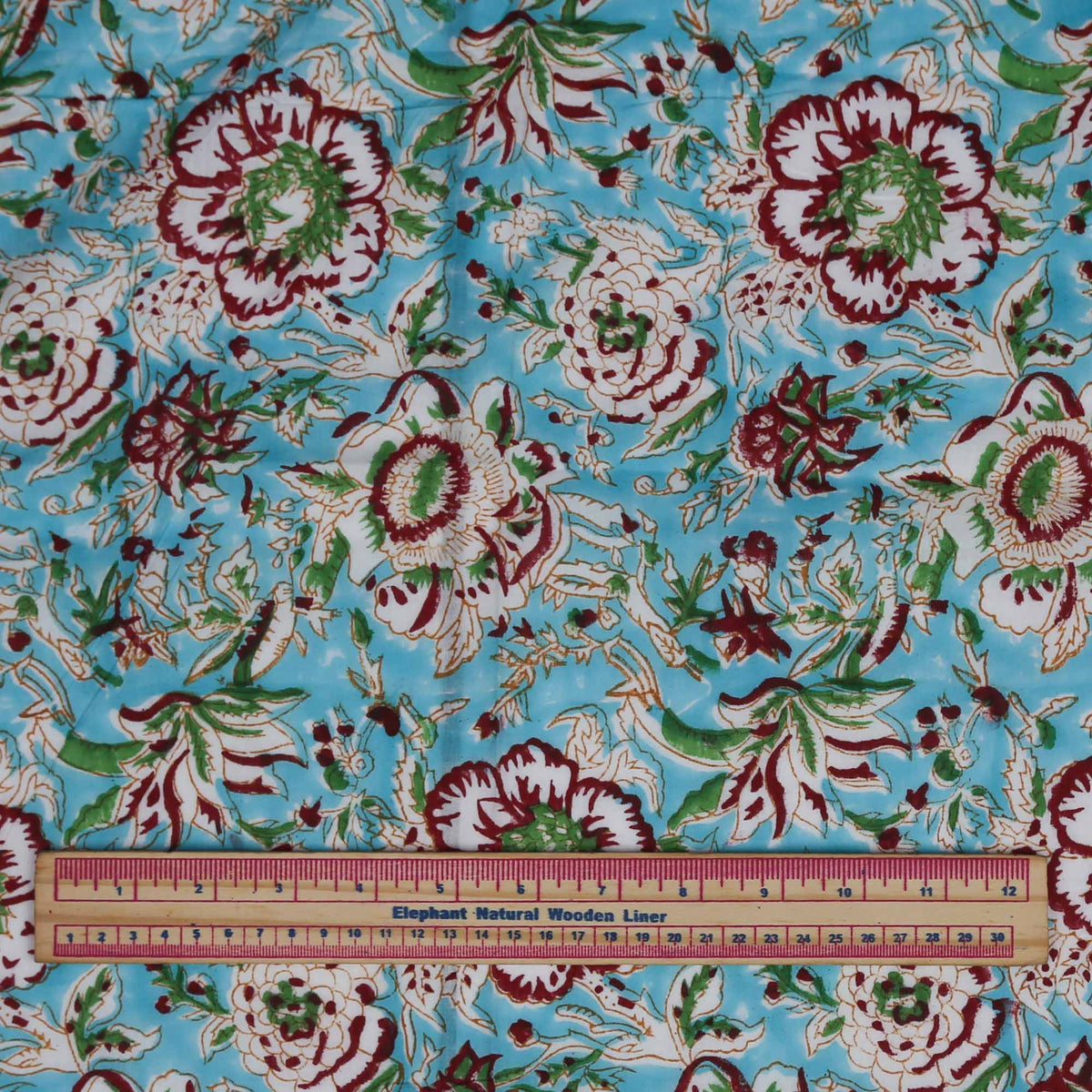 Block Print Fabric - Brown Floral On Blue( Design 507)
