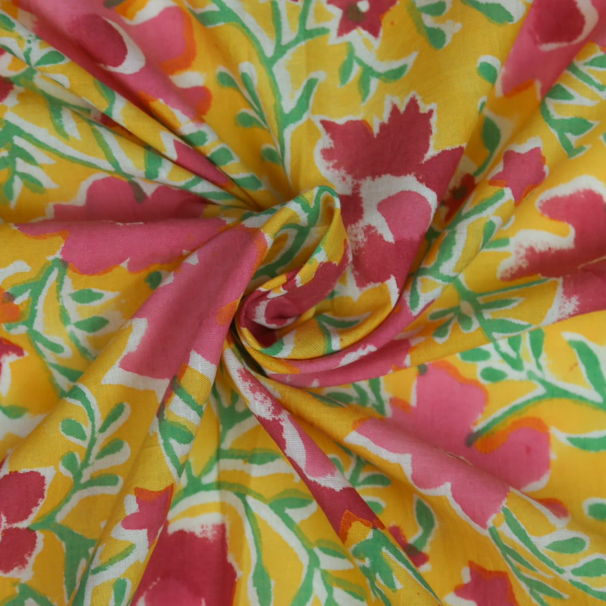 Block Print Fabric - Pink & Red Flowers On Yellow( Design 510)