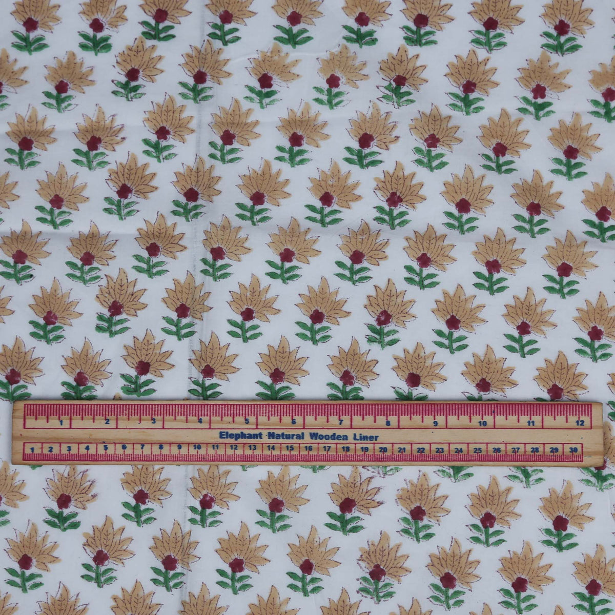 Block Print Fabric - Small Beige Flowers On White ( Design 517 )