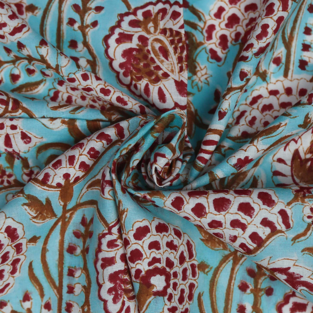 Block Print Fabric - Red Marigold On Sky Blue ( Design 518 )