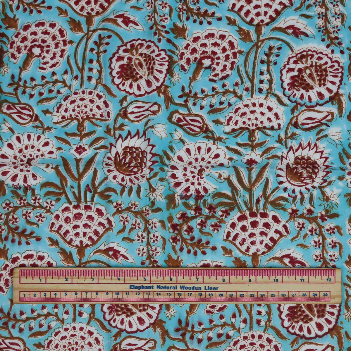 Block Print Fabric - Red Marigold On Sky Blue ( Design 518 )