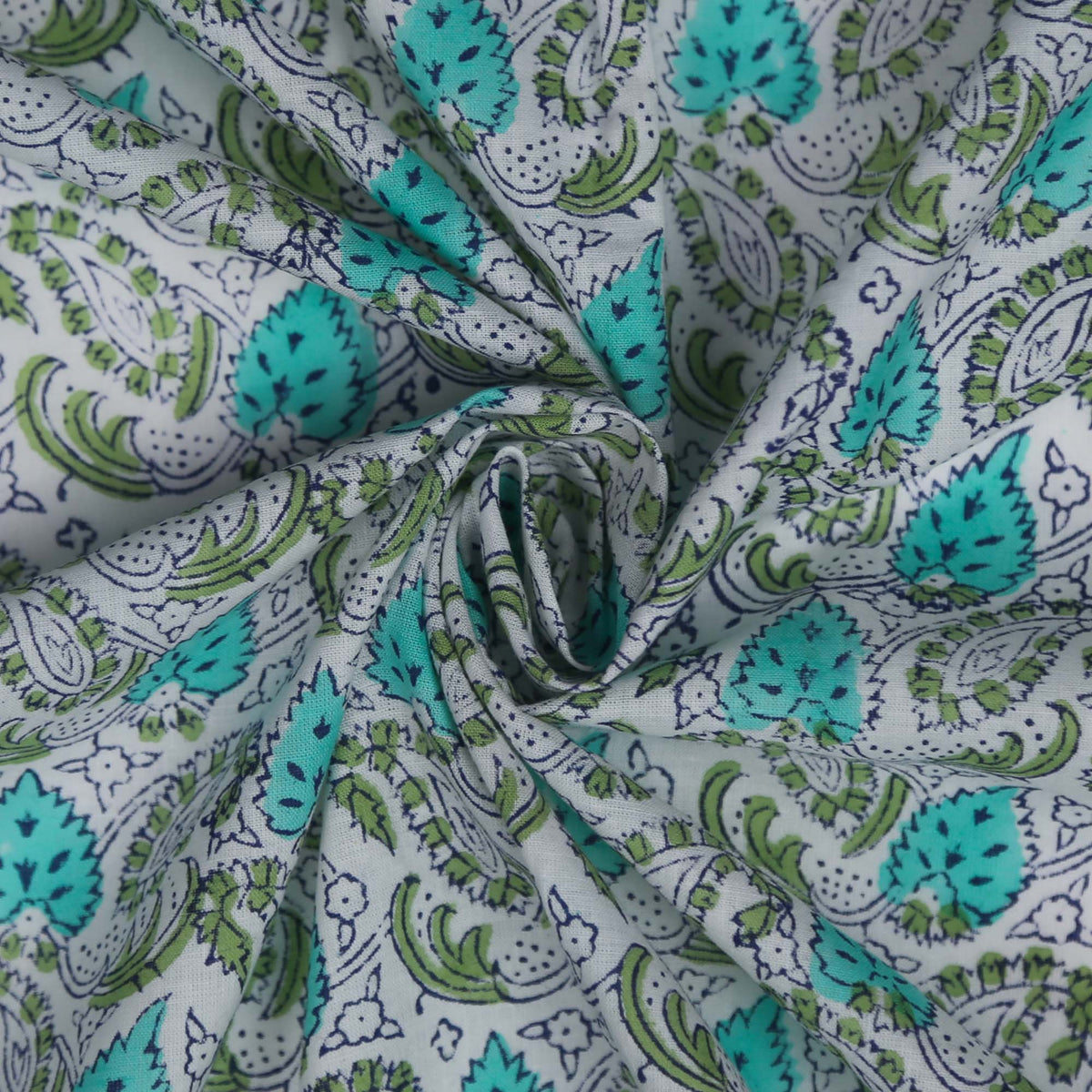 Block Print Fabric - Green & Blue Leaves On White(Design 519)