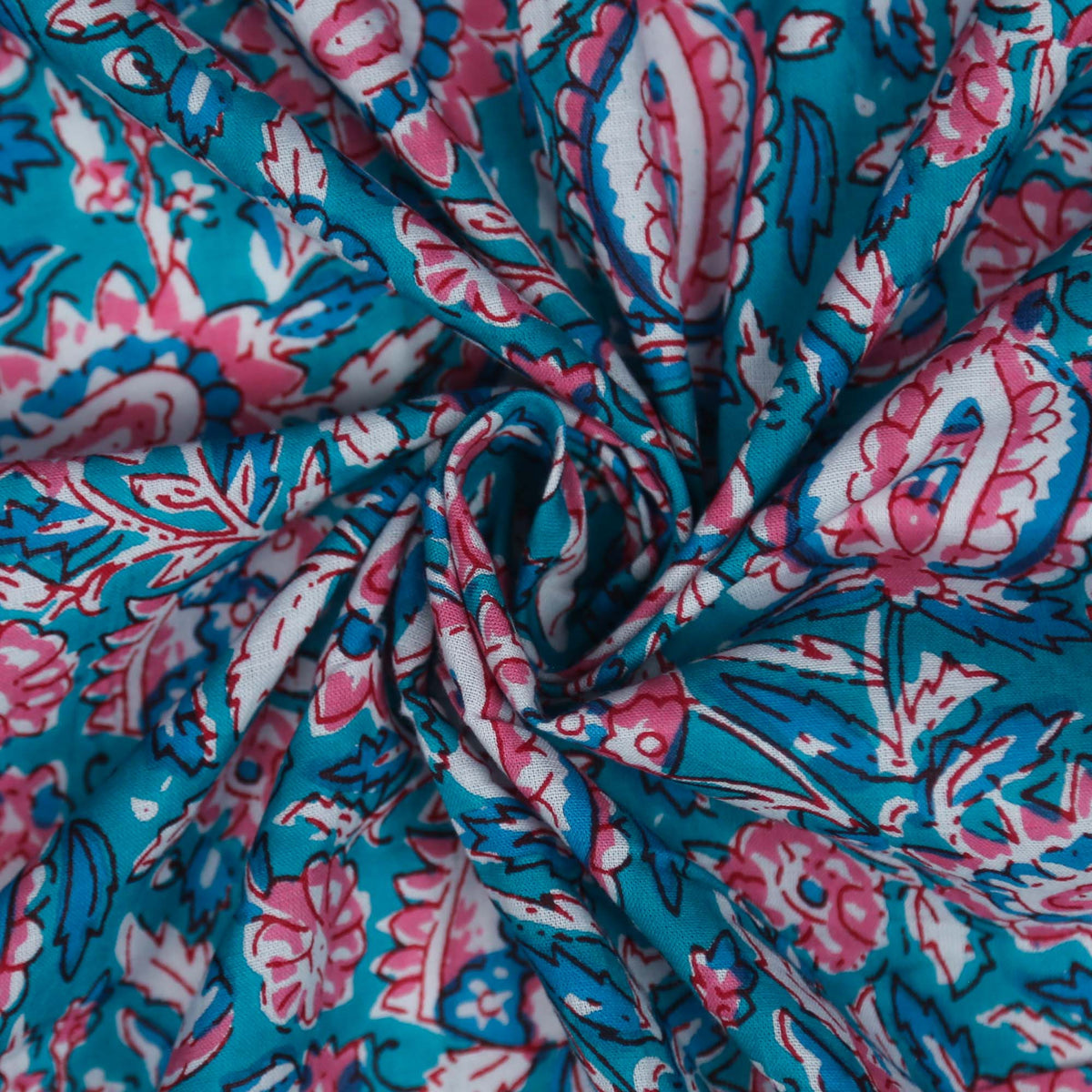 Block Print Fabric - Wild Flowers On Teal Blue(Design 520)