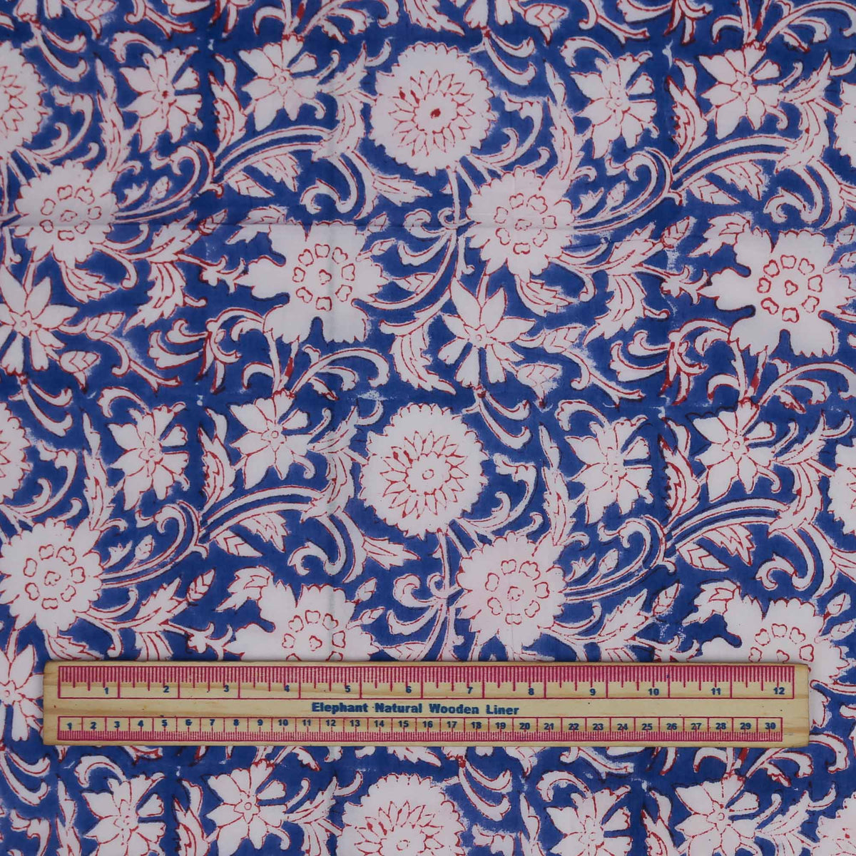 Block Print Fabric - Red Flowers On Blue(Design 525)