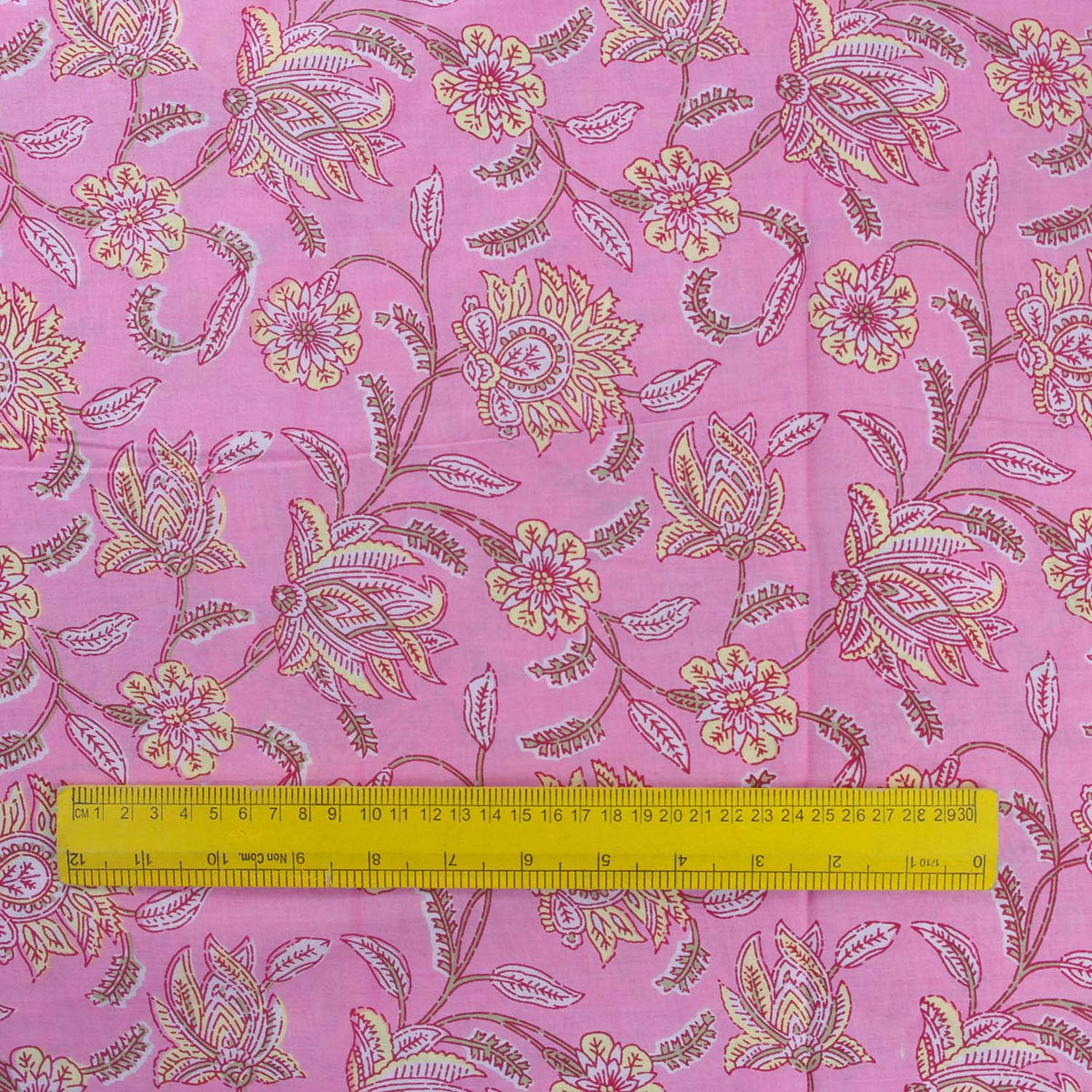 Pink & Yellow Floral Hand Block Printed Cotton Fabric Design 530