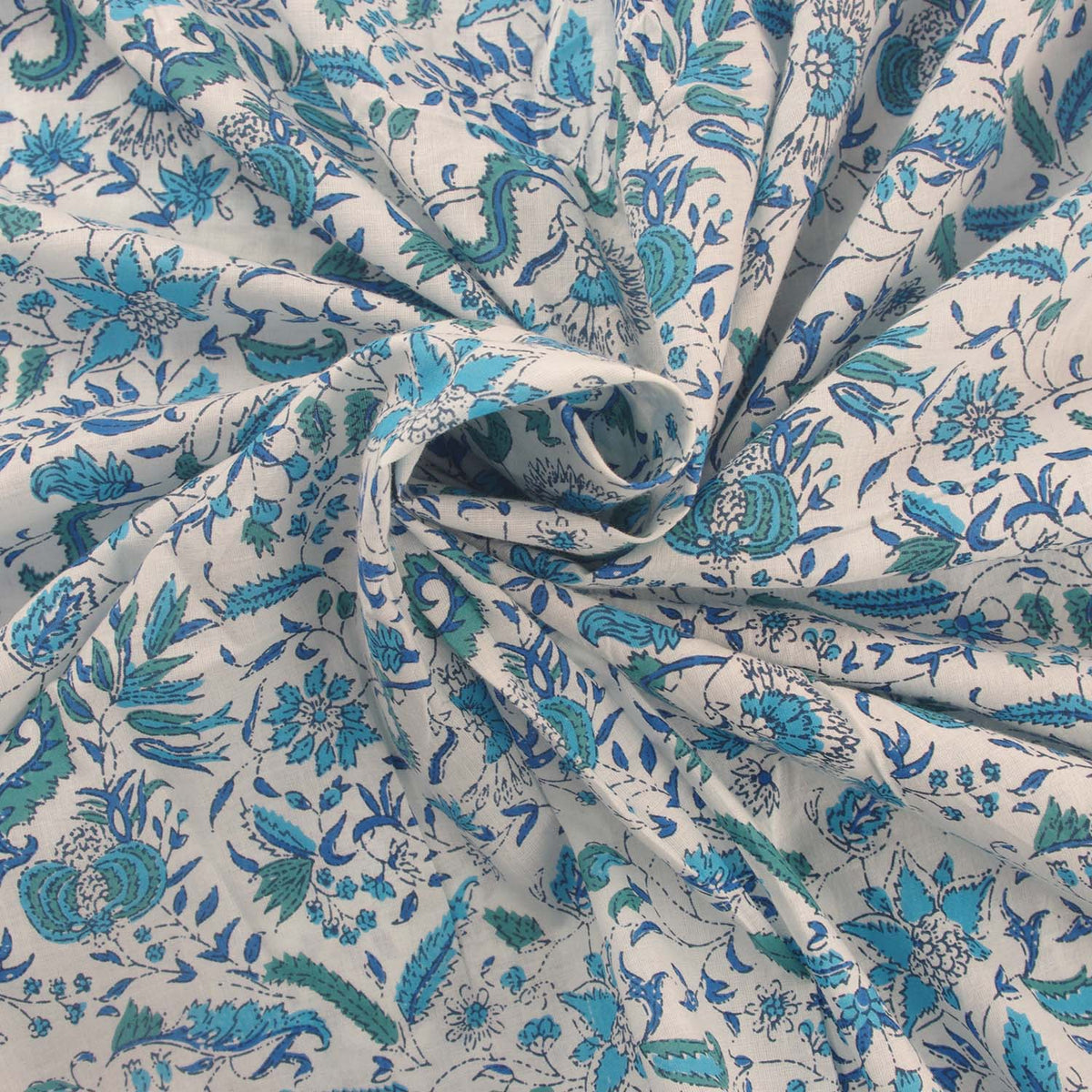 Blue Colonial Floral Hand Block Printed Cotton Fabric Design 531