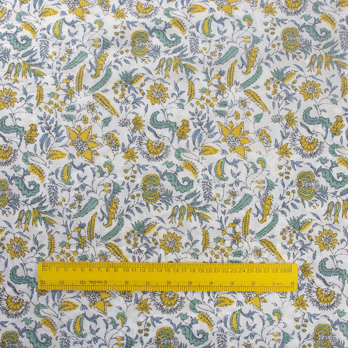 Green & Yellow Colonial Floral Hand Block Printed Cotton Fabric Design 532