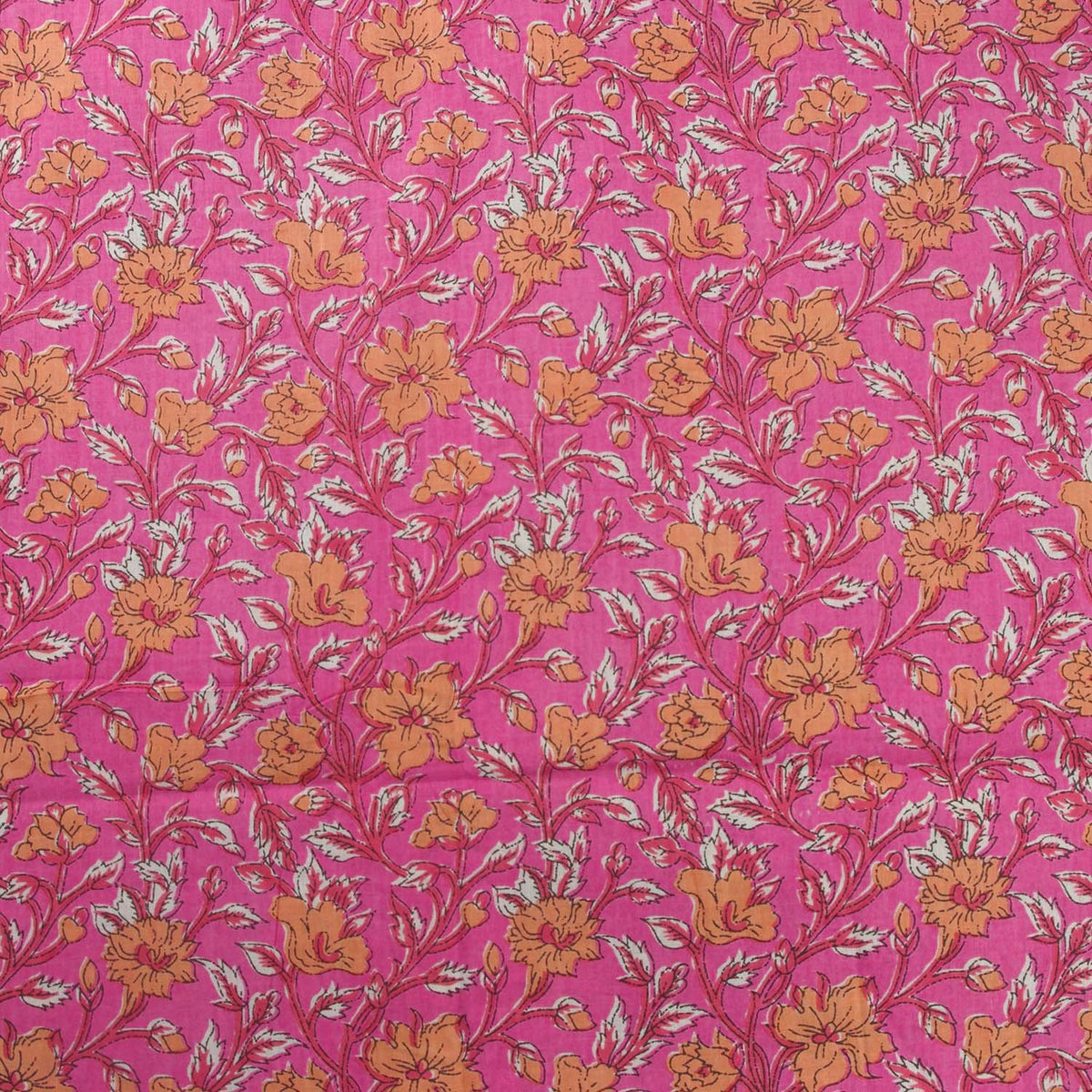 Fall Flowers On Pink Hand Block Printed Cotton Fabric Design 534