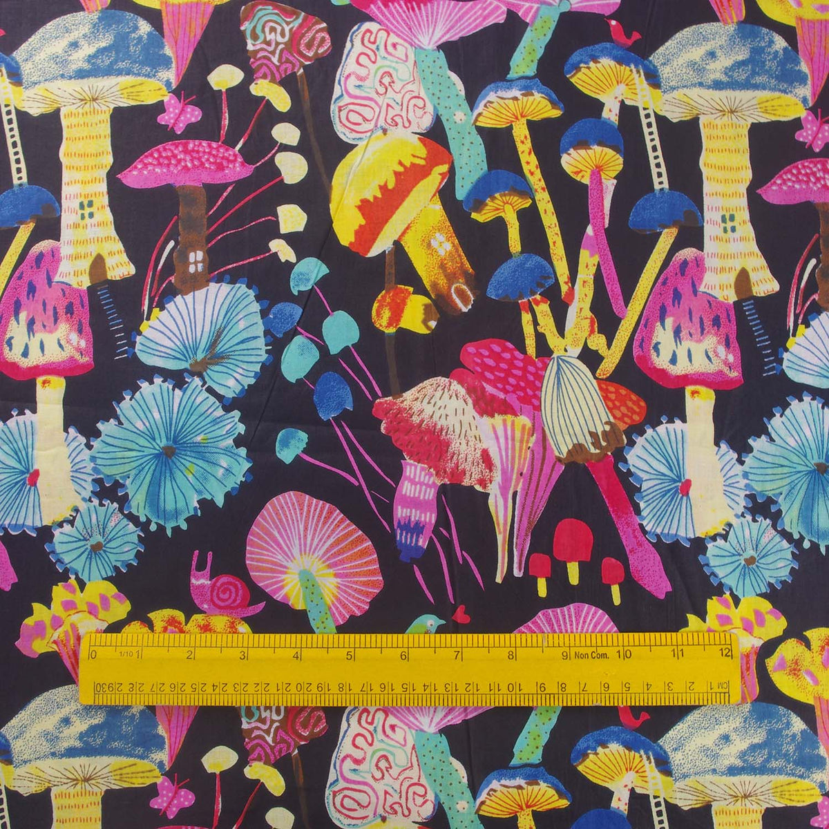 Black Mushrooms Hand Screen Printed Cotton Fabric Design 538