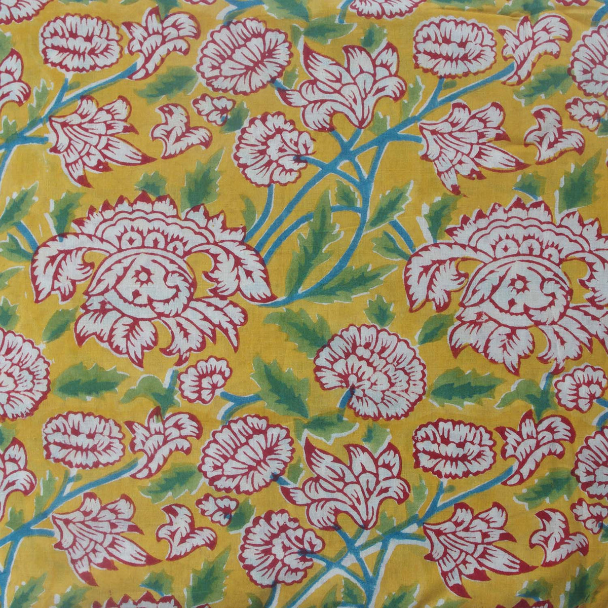 Indian Hand Block 100% Cotton Musturd Yellow With Red Flowers Fabric Design 540