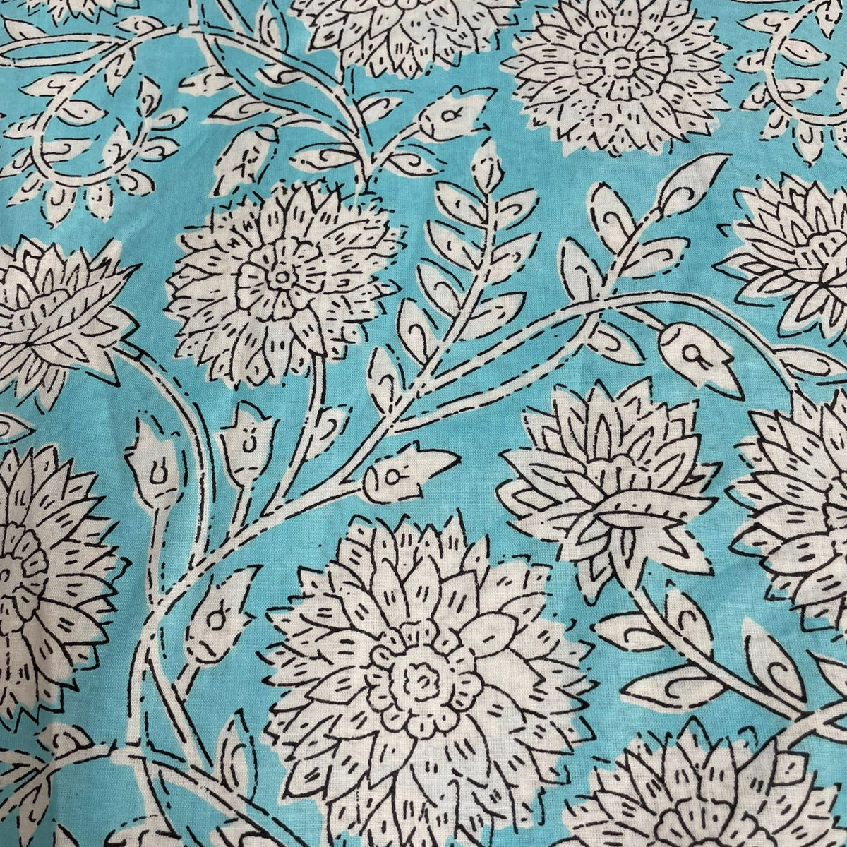Indian Hand Block Printed Sky Blue Floral 100% Cotton Women Dress Fabric Design 545