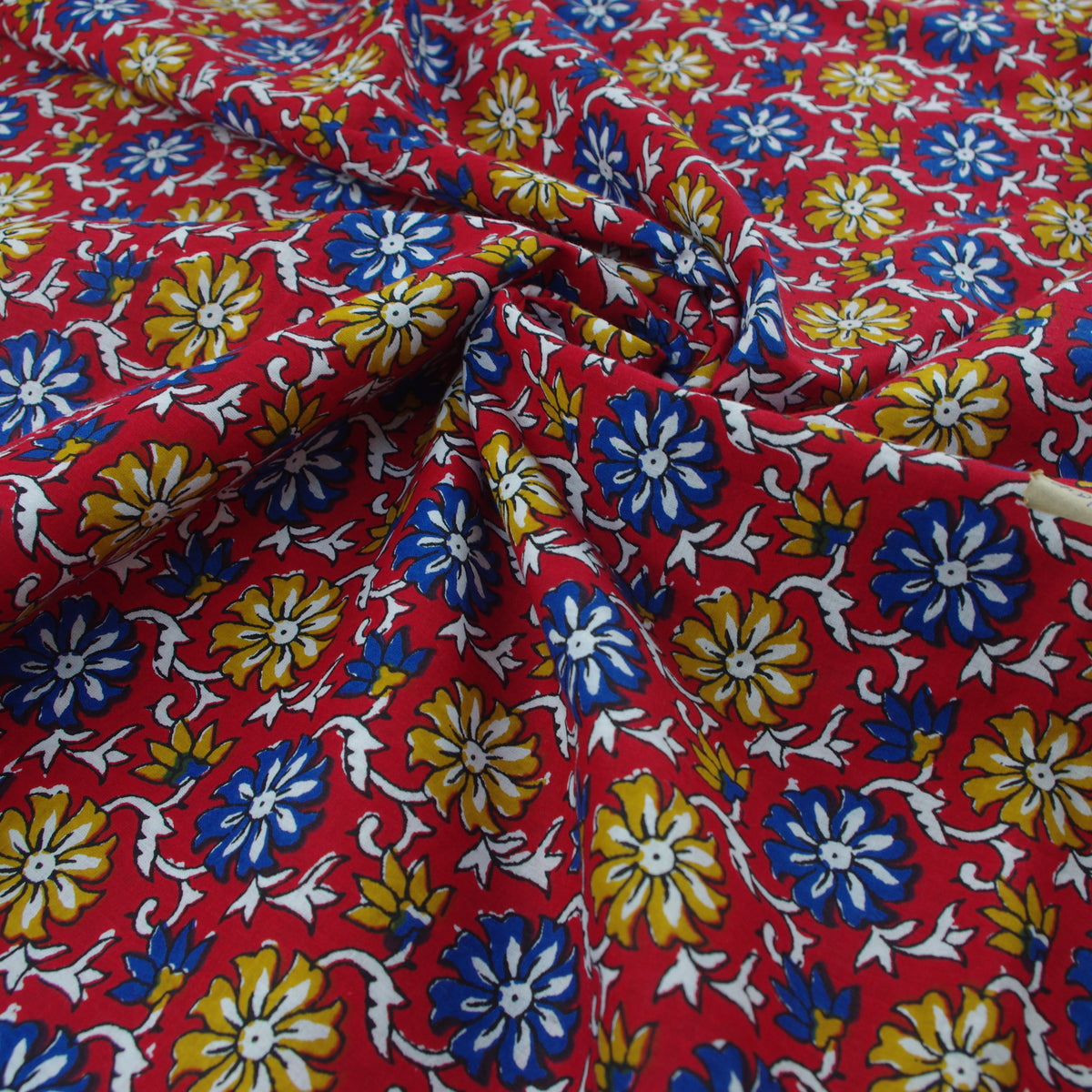 Red Blue Floral Hand Block Print 100% Cotton Women Dress Fabric Design 548