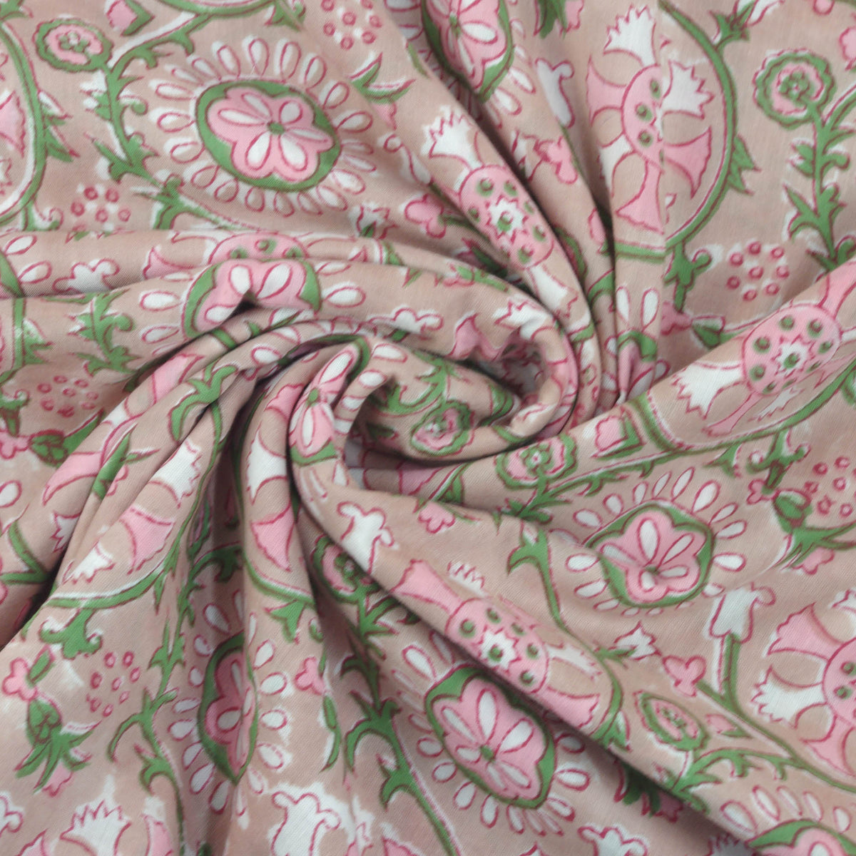 Beige Floral Hand Block Print 100% Cotton Women Dress Fabric Design 559