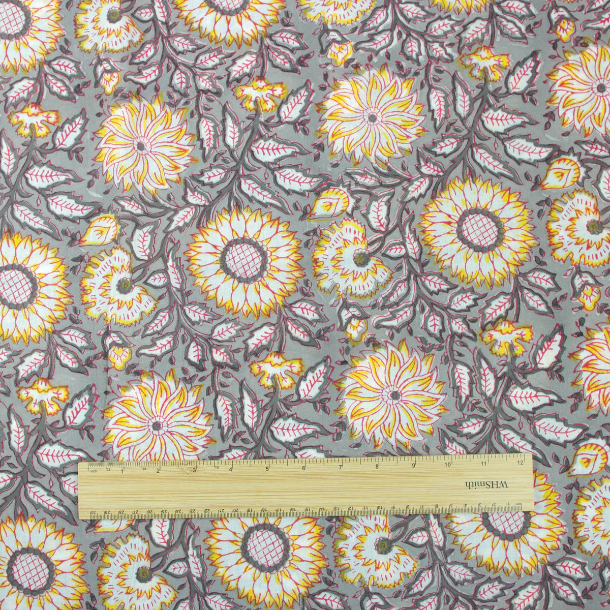 Yellow Sunflowers On Grey Hand Block Print 100% Cotton Women Dress Fabric Design 562