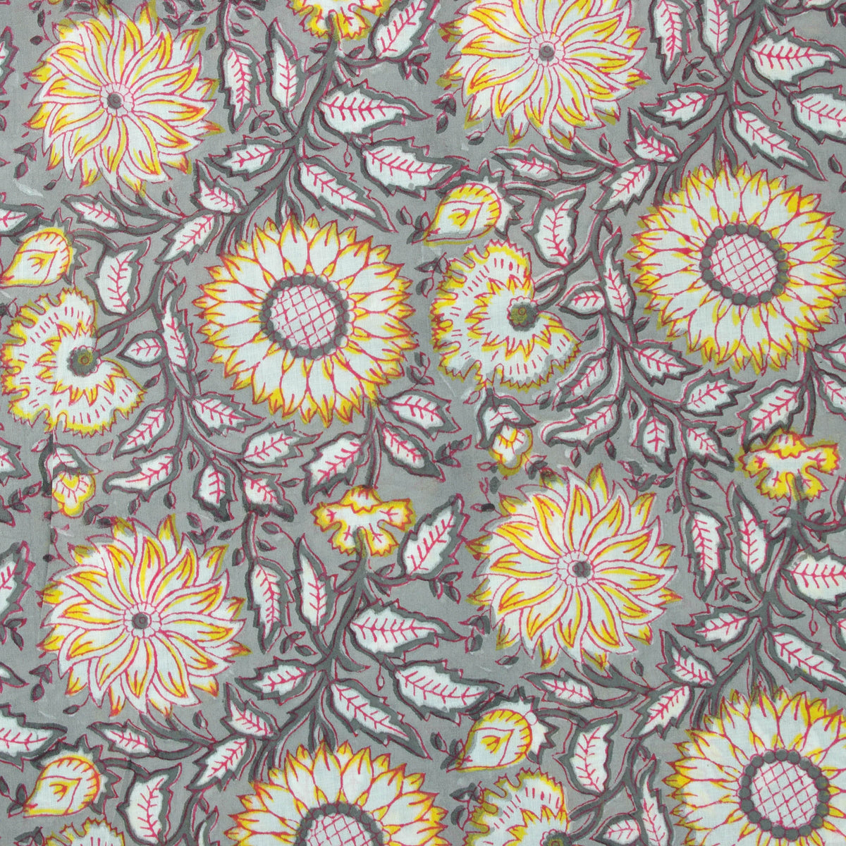 Yellow Sunflowers On Grey Hand Block Print 100% Cotton Women Dress Fabric Design 562