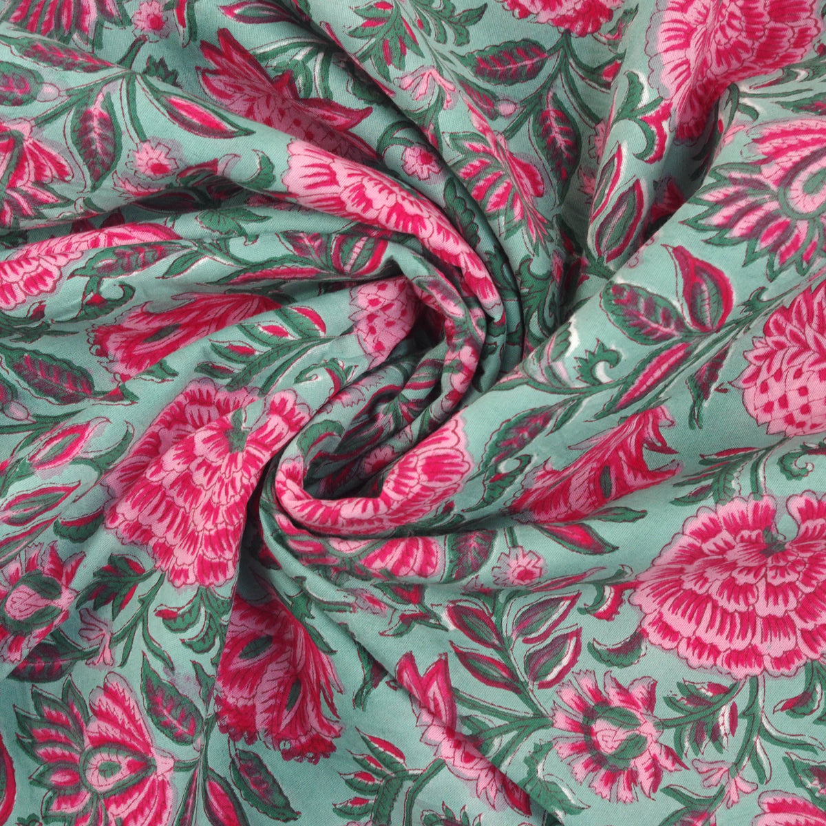 Pink Flowers On Teal Hand Block Print 100% Cotton Women Dress Fabric Design 563