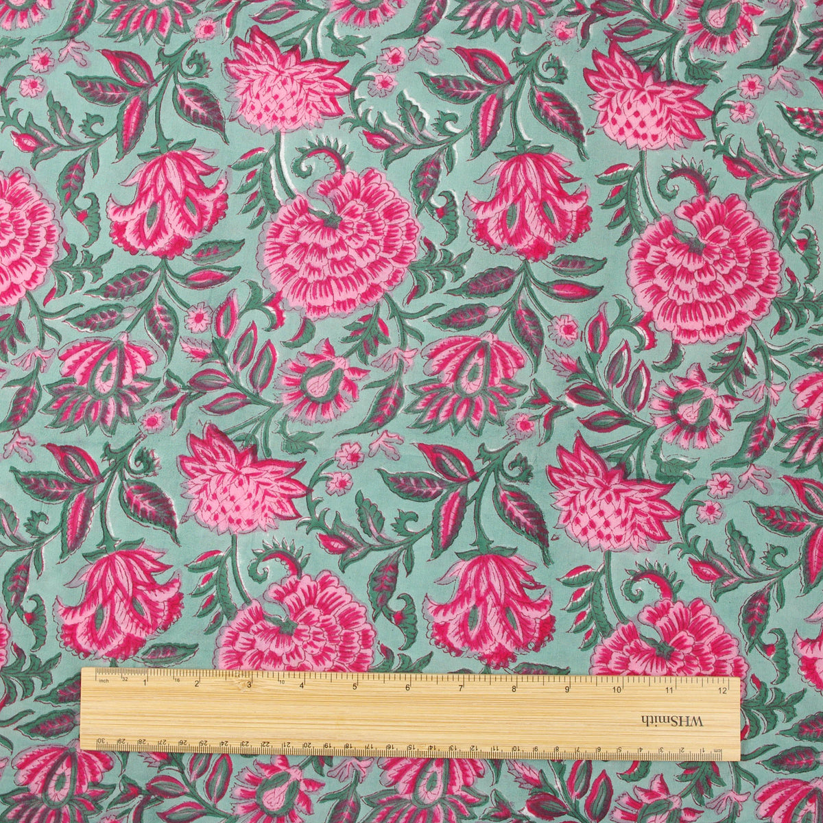 Pink Flowers On Teal Hand Block Print 100% Cotton Women Dress Fabric Design 563