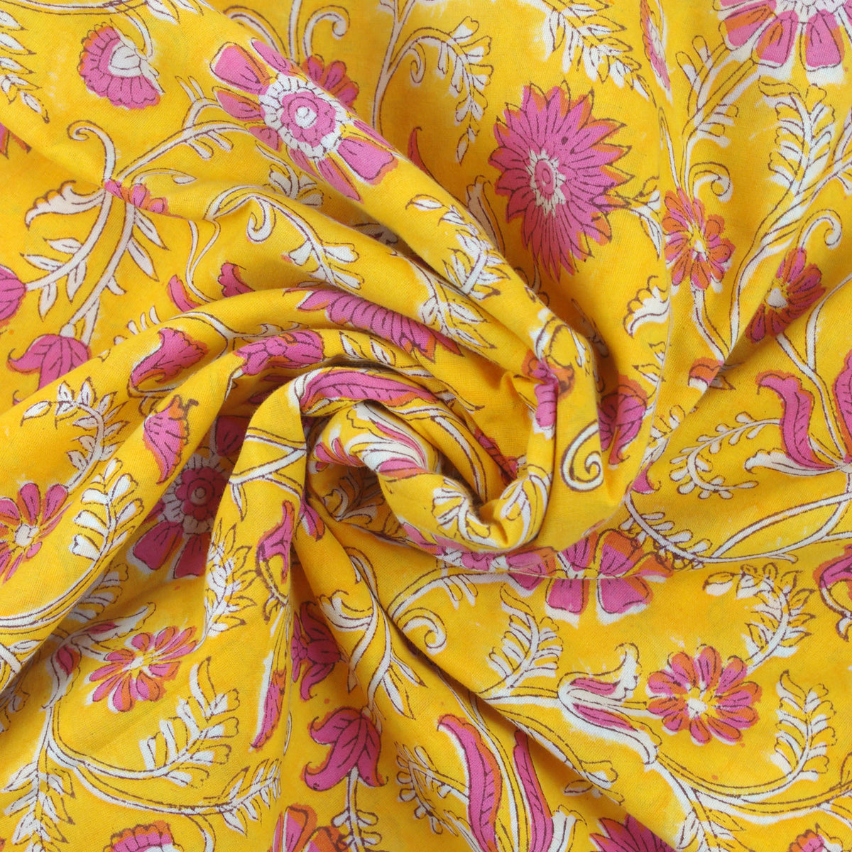 Sunshine Yellow Hand Block Print 100% Cotton Women Dress Fabric Design 565