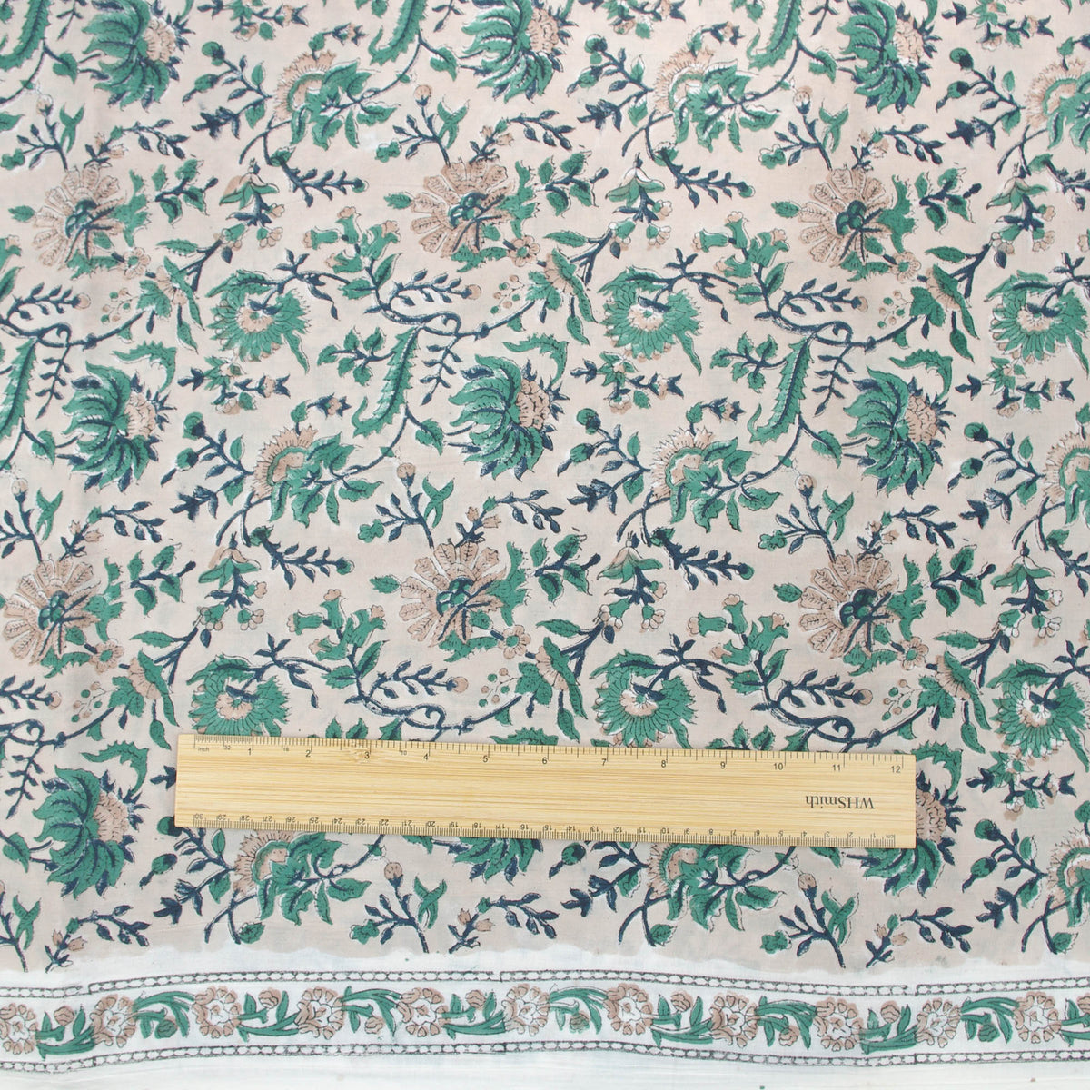 Green & Beige Florentine Hand Block Print 100% Cotton Women Dress Fabric Design 566