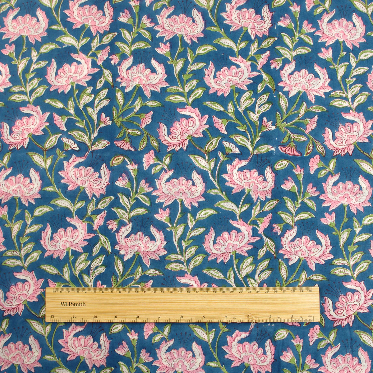 Indian Hand Block Print Pink Lotus On Blue 100% Cotton Women Dress Fabric Design 581
