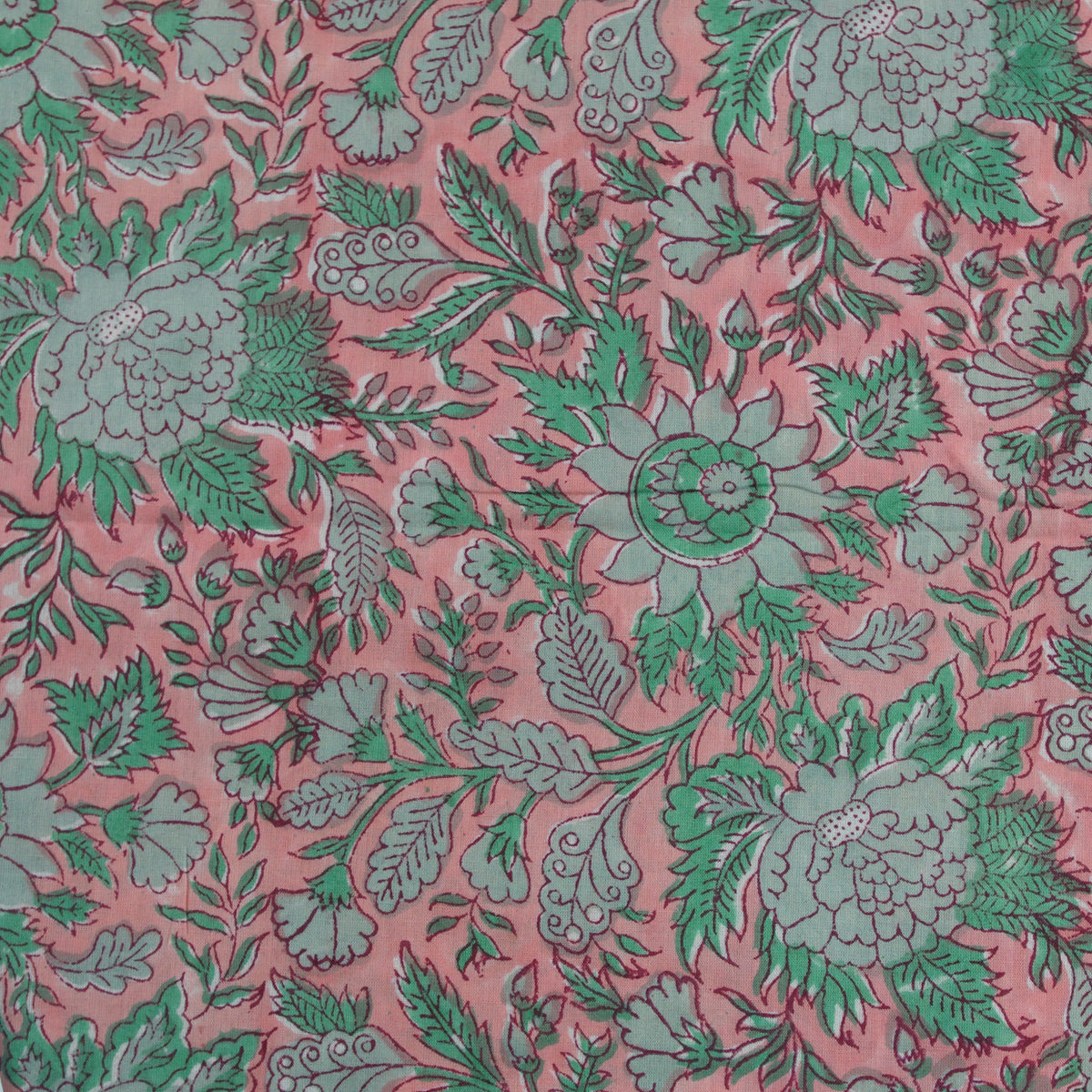 Indian Hand Block Print Coral Pink With Green Floral 100% Cotton Women Dress Fabric Design 584