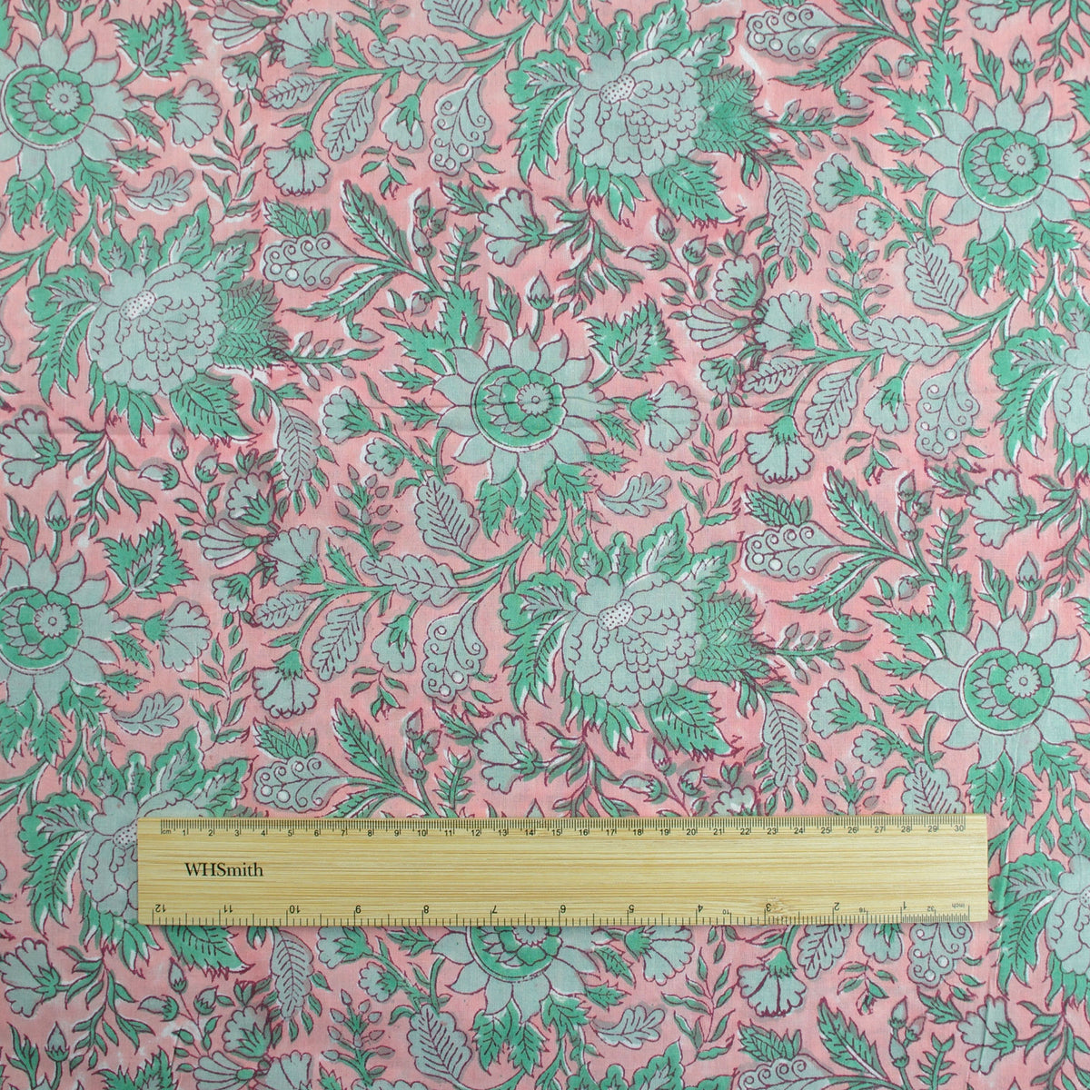 Indian Hand Block Print Coral Pink With Green Floral 100% Cotton Women Dress Fabric Design 584