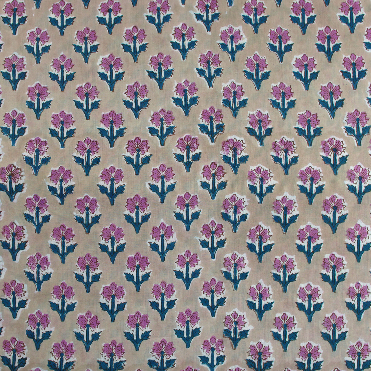 Indian Hand Block Print Pink Flowers On Beige 100% Cotton Women Dress Fabric Design 586