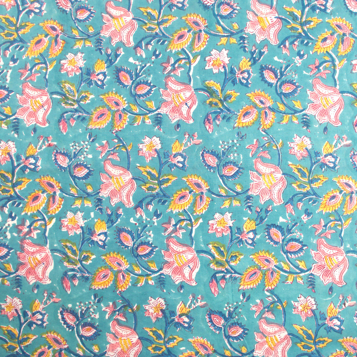 Indian Hand Block Print Teal Floral Jaal 100% Cotton Women Dress Fabric Design 590