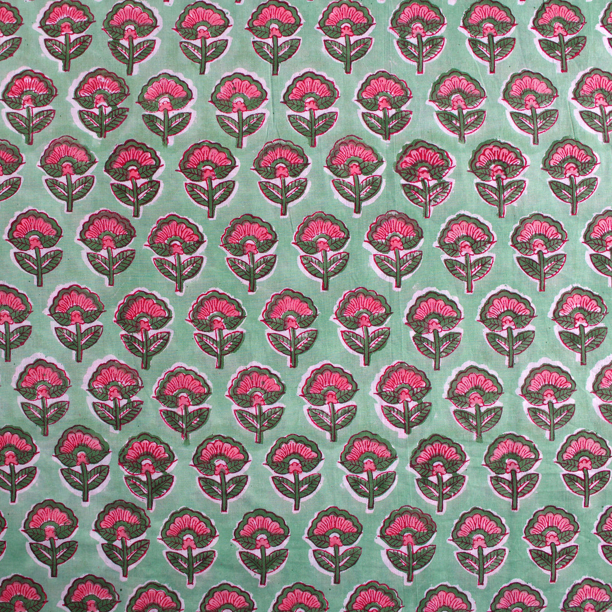 Indian Hand Block Print Pink Floral On Green 100% Cotton Women Dress Fabric Design 591