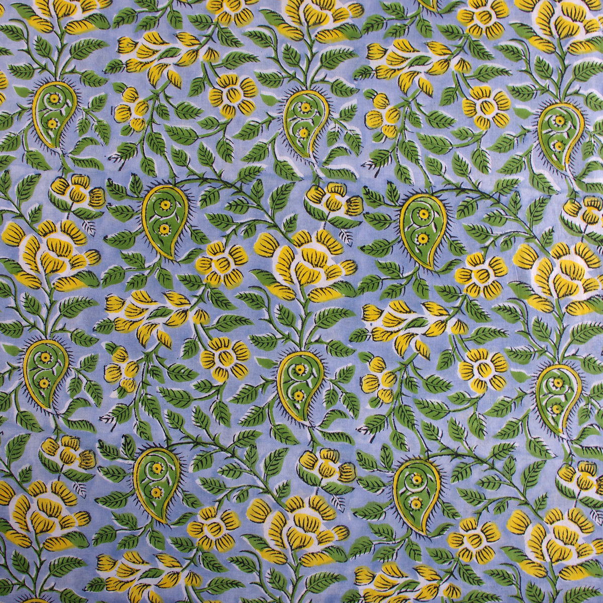 Indian Hand Block Print Green Paisley On Grey 100% Cotton Women Dress Fabric Design 592