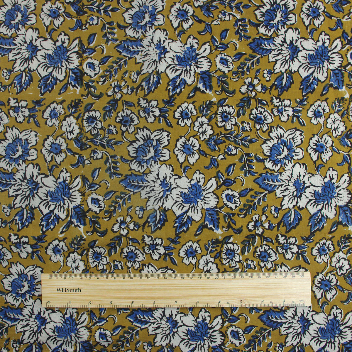 Bagru Kalamkari Print Blue Floral On Mustard Women Dress Fabric Design 595