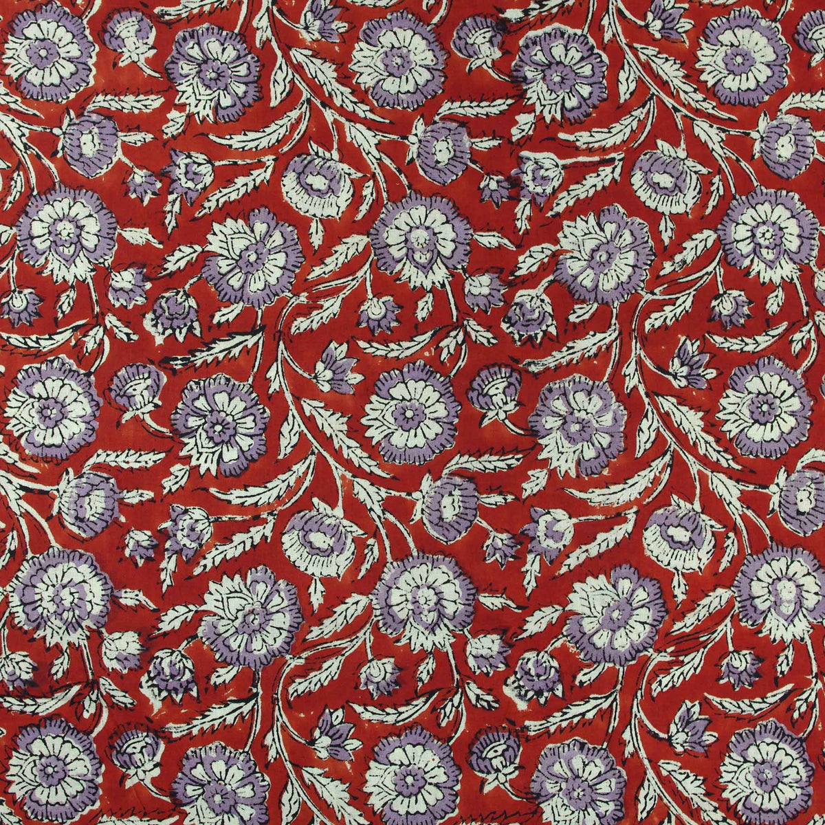 Bagru Kalamkari Print Purple Floral On Red Women Dress Fabric Design 613