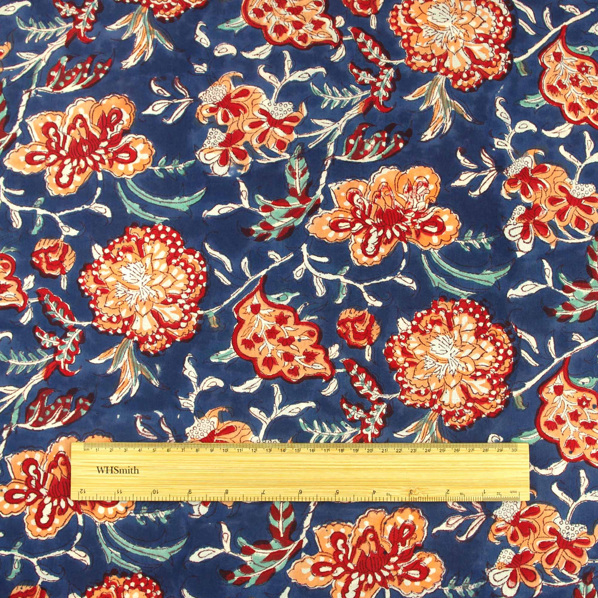 Red Coral Floral On Blue Hand Block Print 100% Cotton Women Dress Fabric Design 624