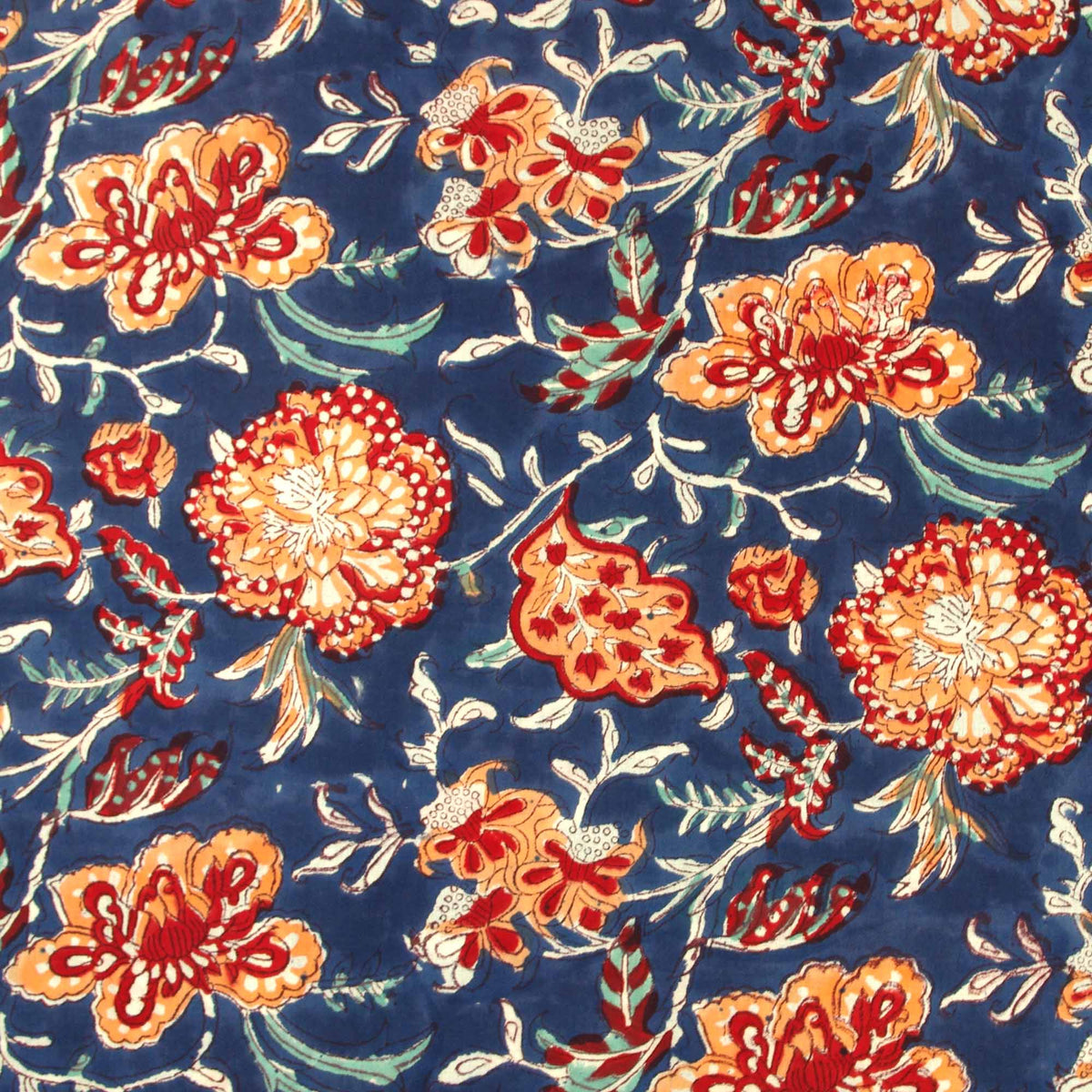 Red Coral Floral On Blue Hand Block Print 100% Cotton Women Dress Fabric Design 624