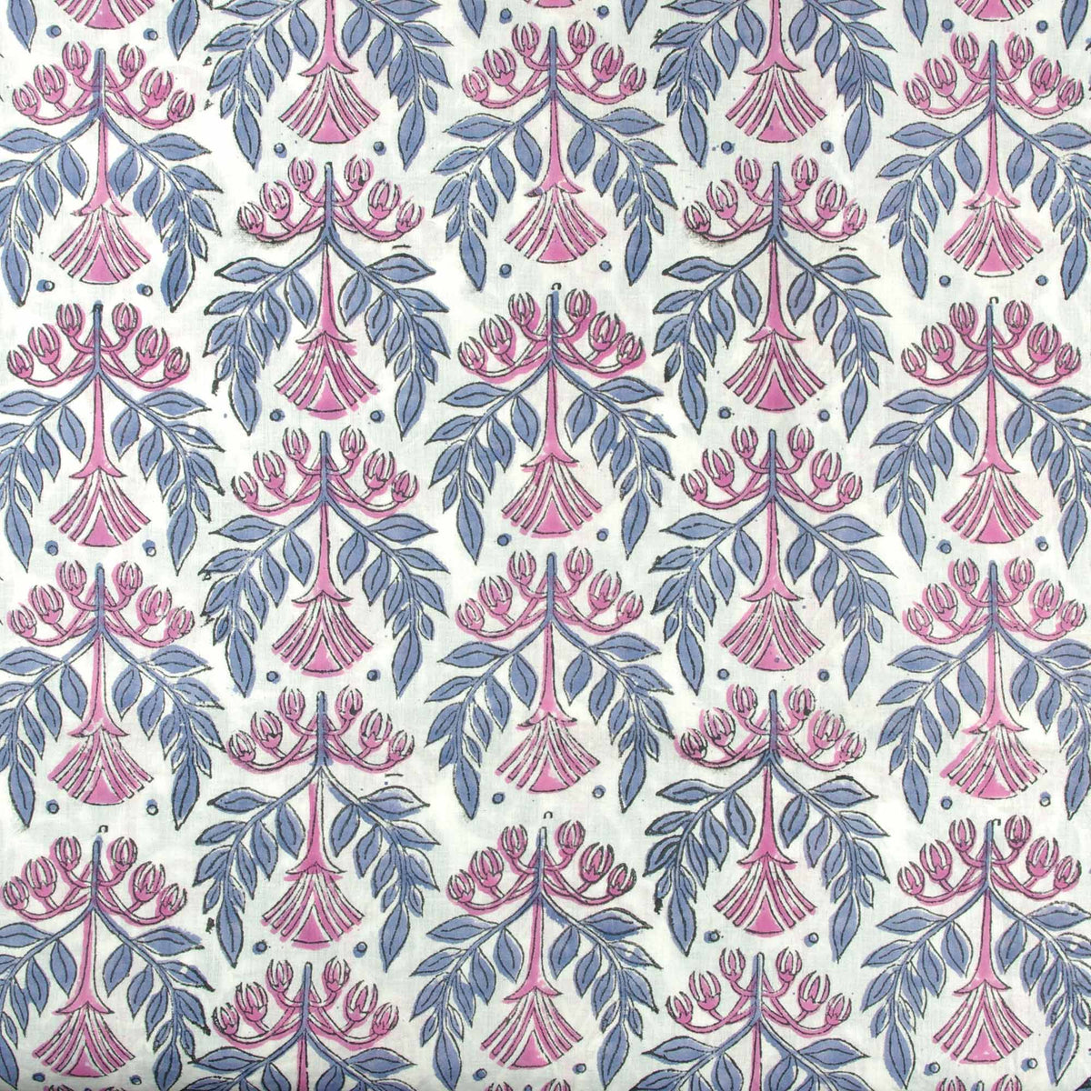 Grey & Pink Floral Hand Block Print 100% Cotton Women Dress Fabric Design 625