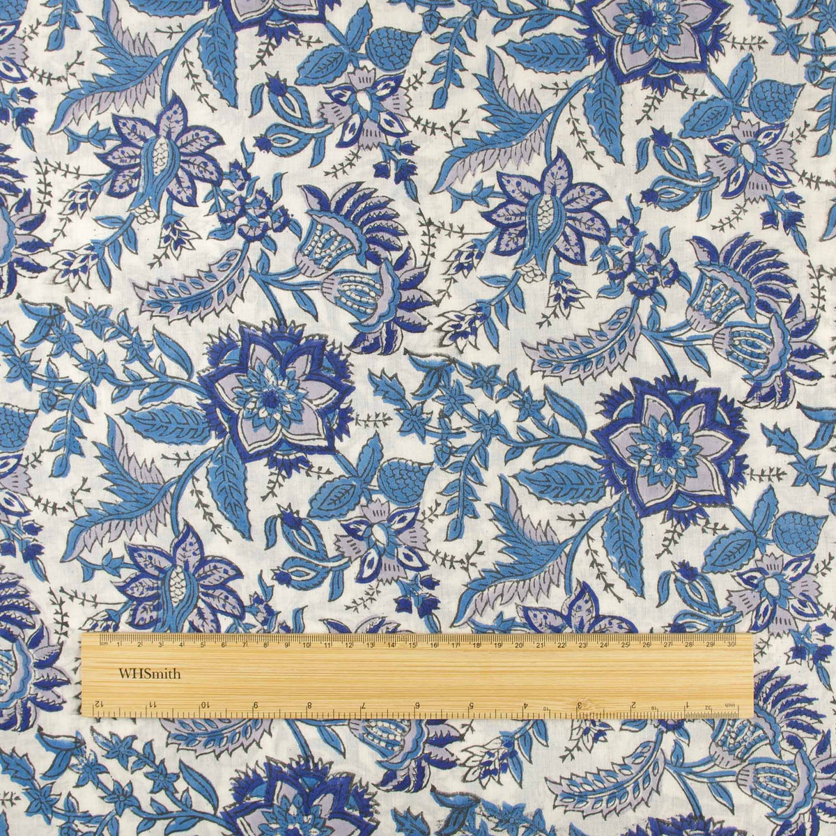 White Blue Floral Hand Block Print 100% Cotton Women Dress Fabric Design 626