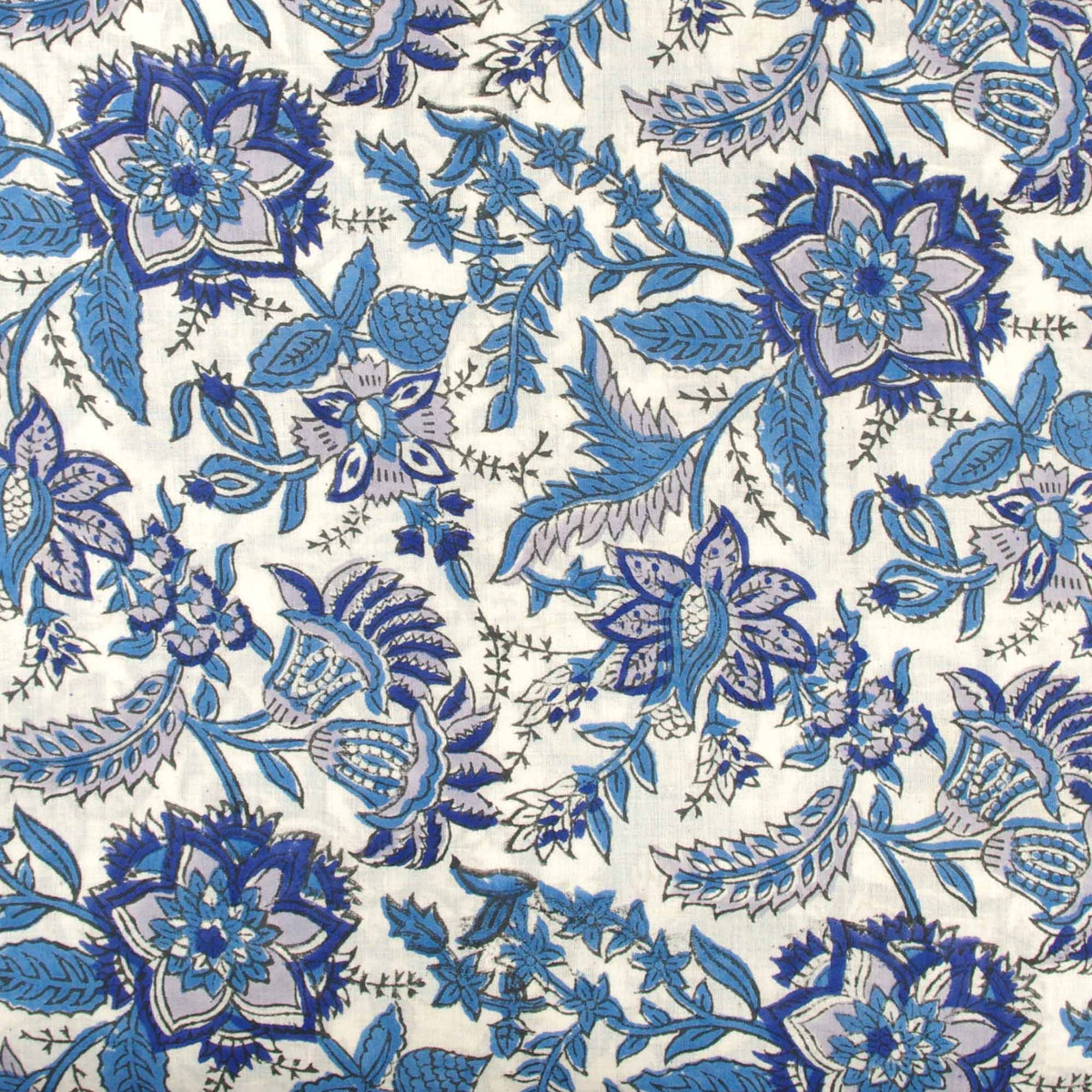 White Blue Floral Hand Block Print 100% Cotton Women Dress Fabric Design 626