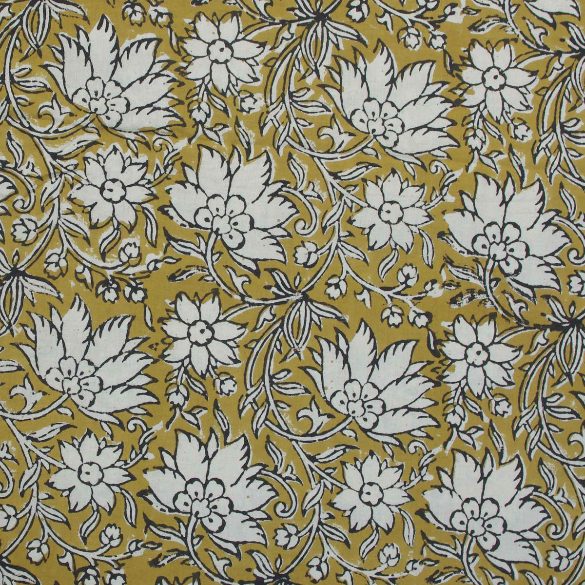 Bagru Kalamkari Print White& Black Floral On Mustard Women Dress Fabric Design 629