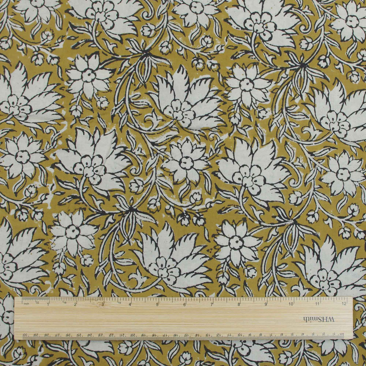 Bagru Kalamkari Print White& Black Floral On Mustard Women Dress Fabric Design 629