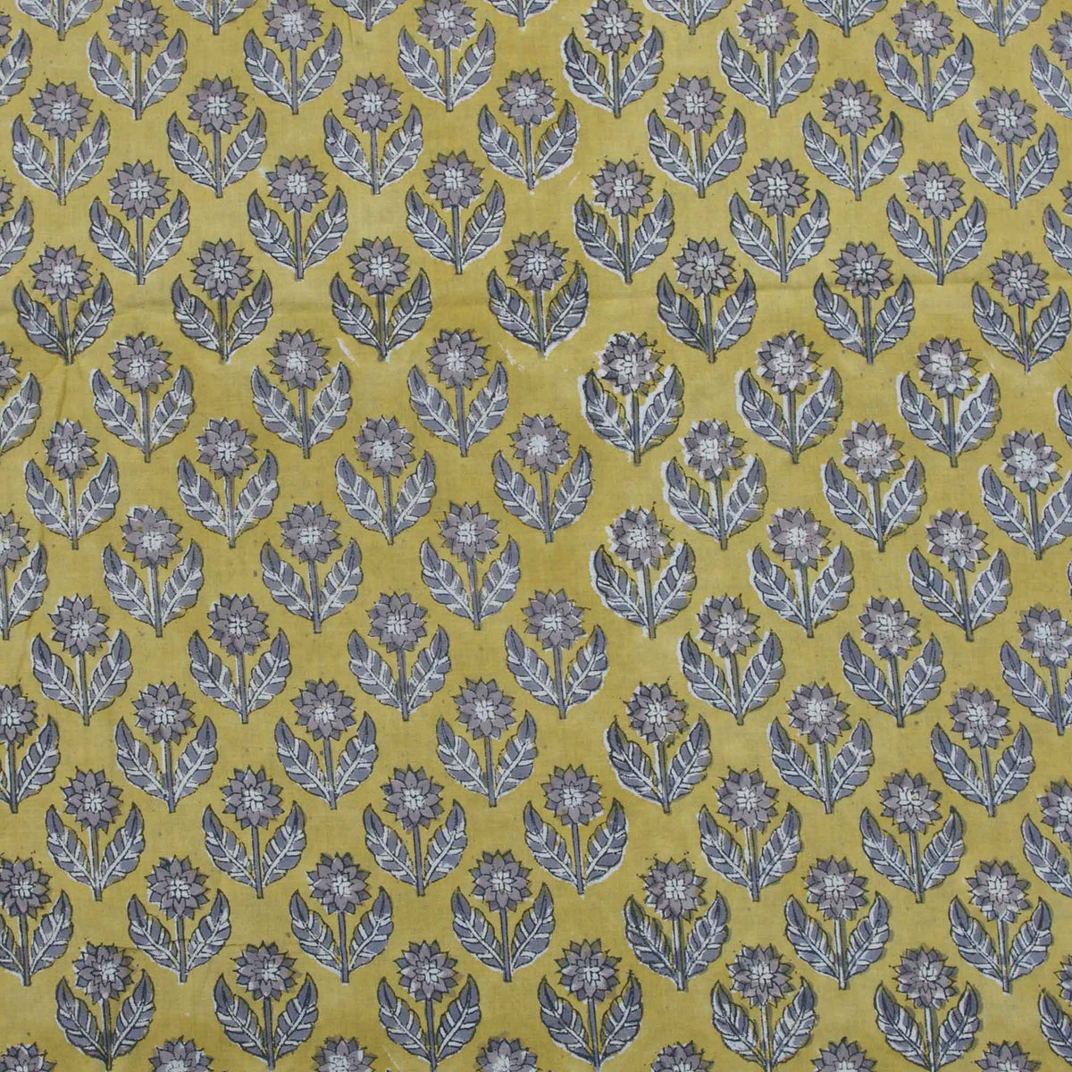 Indian Hand Block 100% Cotton Grey Motifs On Mustard  Fabric Design 641