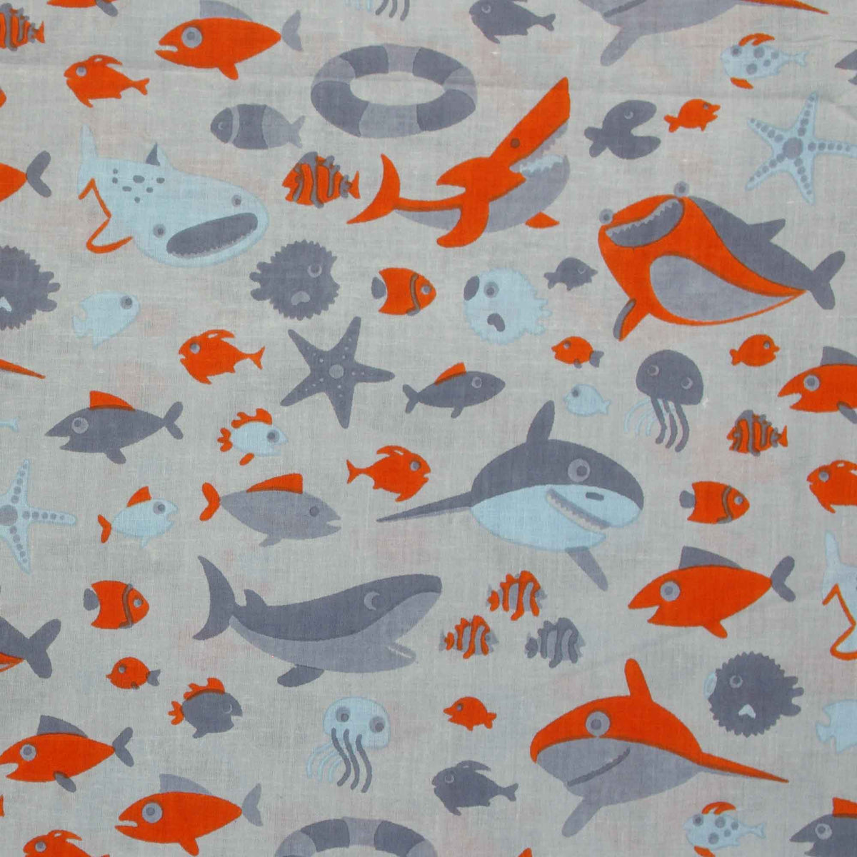 Screen Printed 100% Cotton Orange Whale Print On Grey Women Dress Fabric Design 643