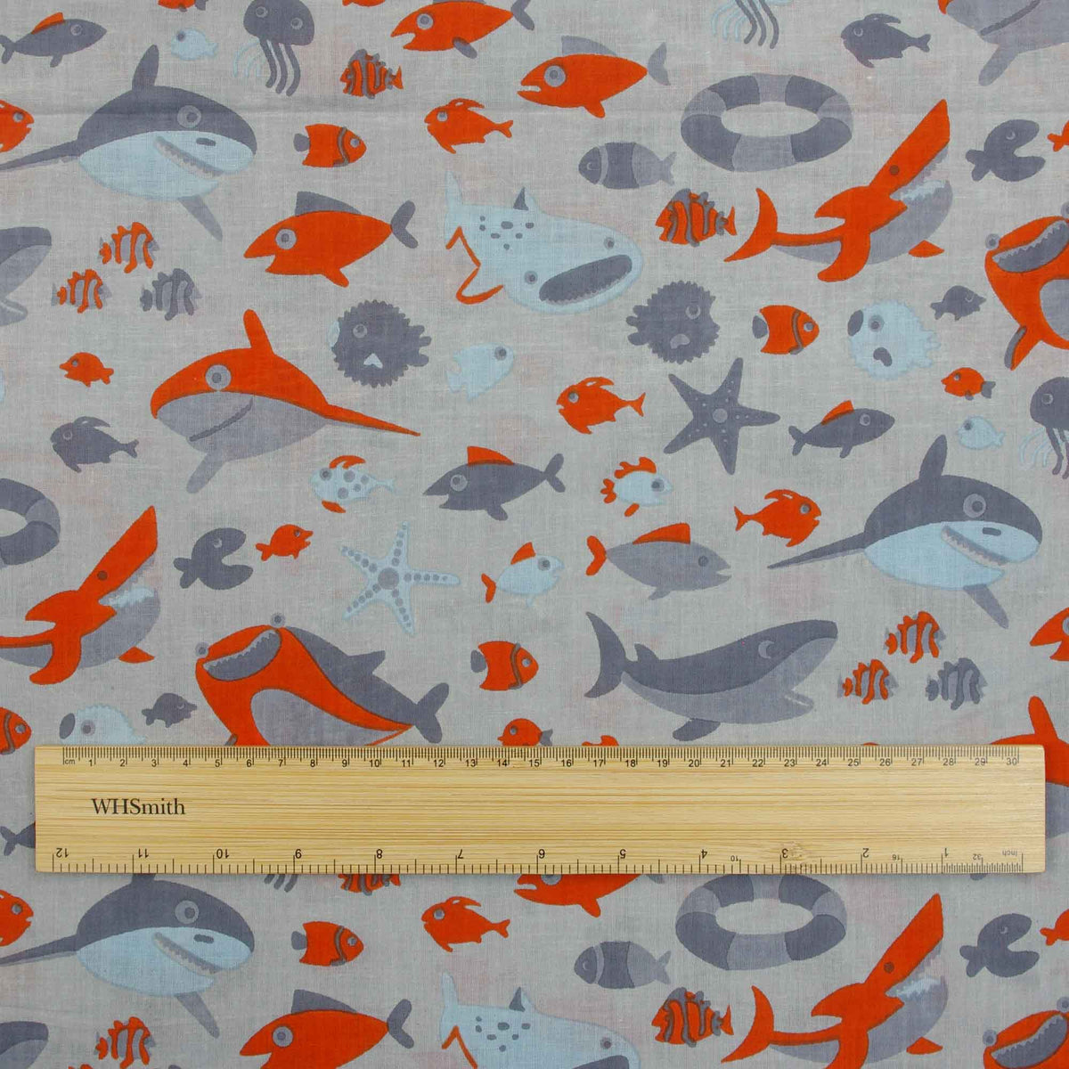 Screen Printed 100% Cotton Orange Whale Print On Grey Women Dress Fabric Design 643