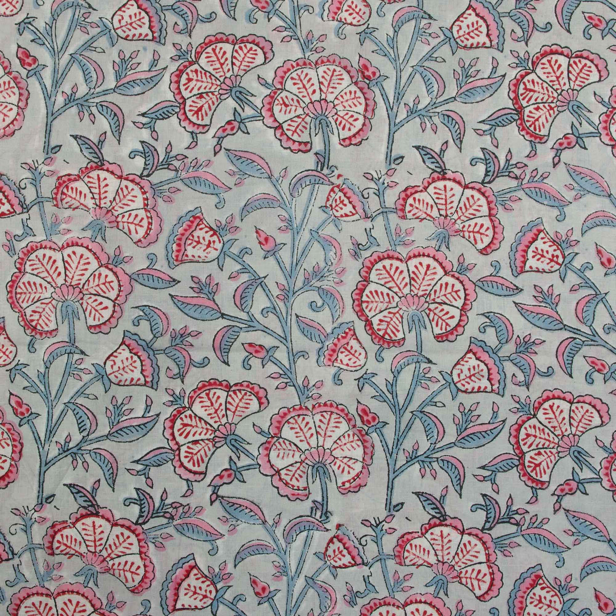 Indian Hand Block 100% Cotton Red Floral On Grey Women Dress Fabric Design 645