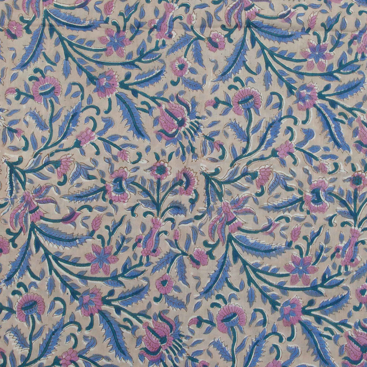 Block Print Pink Blue Wild Flowers On Latte Women Dress Fabric Design 646